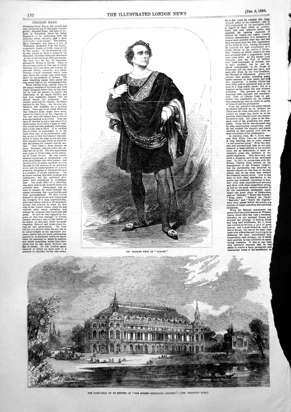 Old Antique Print Charles Lean Hamlet Proposed Music Hall Surrey Zoo 1856 19th