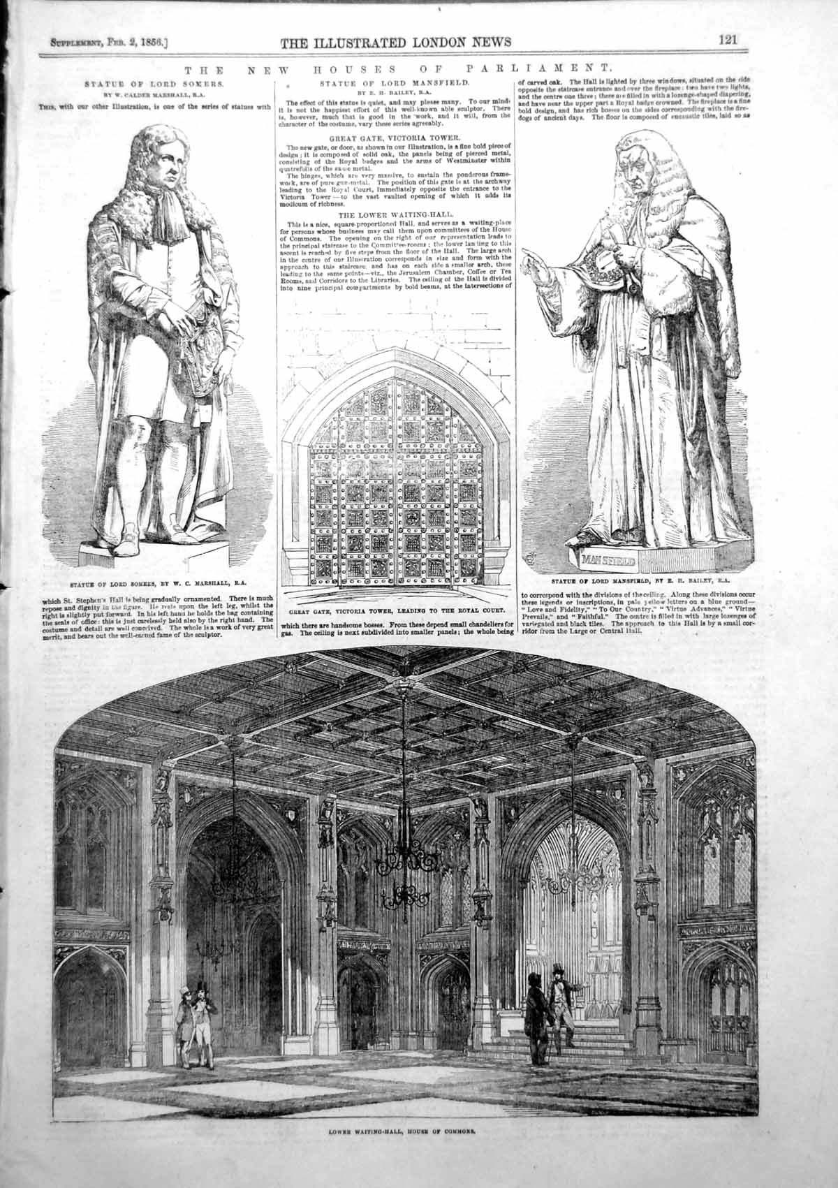Antique Old Print Houses Parliament Statues Lord Somers Lord Mansfield 1856