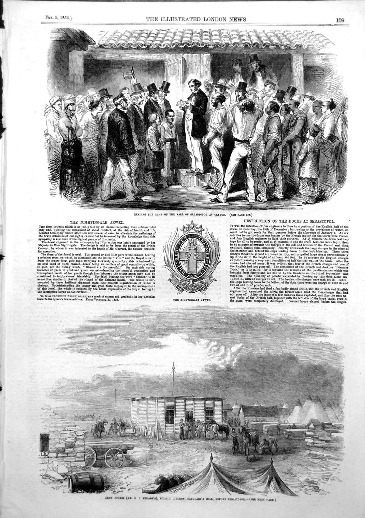 Antique Old Print News Fall Sebastopol Ceylon Army Stores Cathcarts Hill 1856