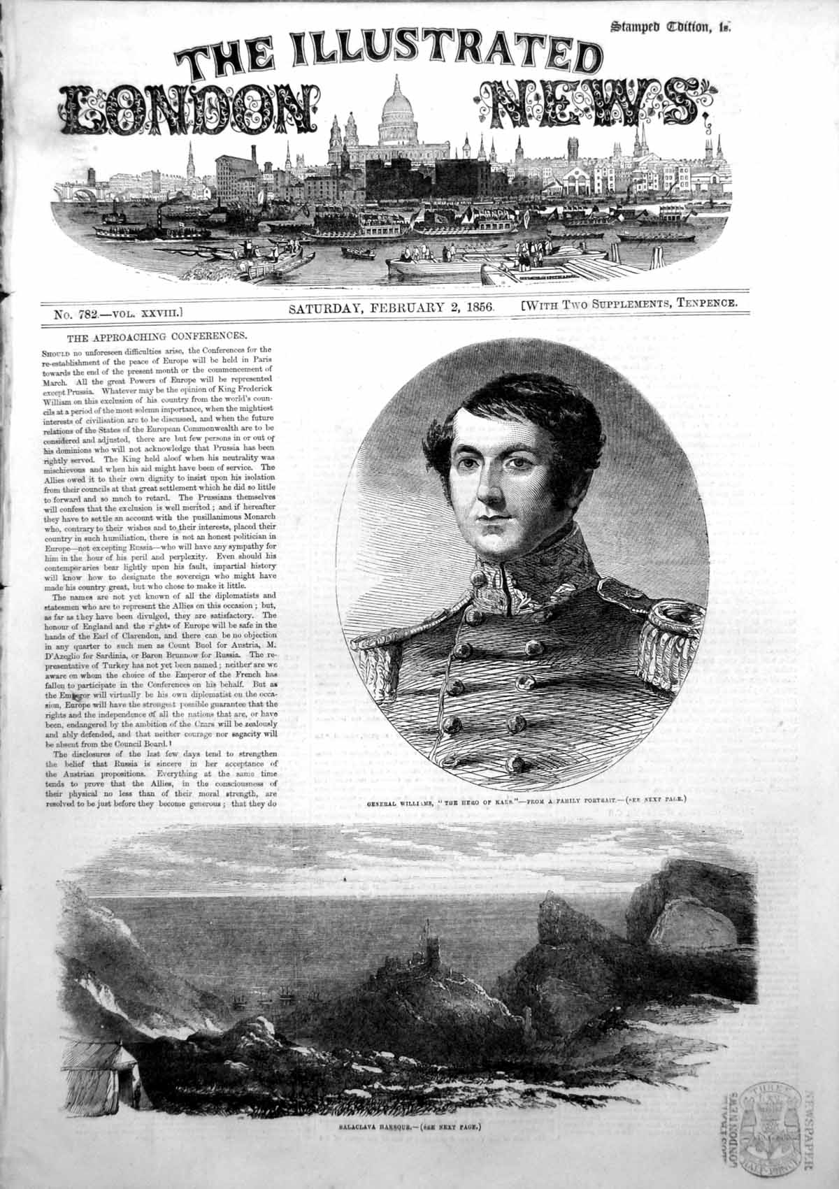 Original Old Antique Print General Williams Hero Kars Balaclava Harbour 1856
