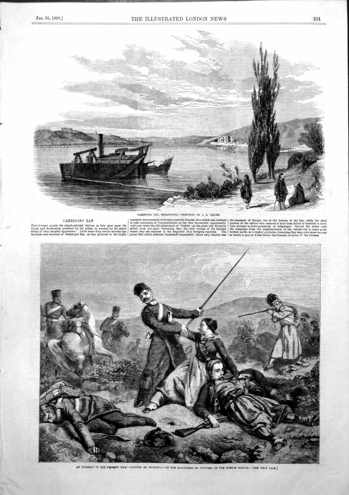 Antique Old Print Careening Bay Sebastopol Incident Present War Sovrieul 1856