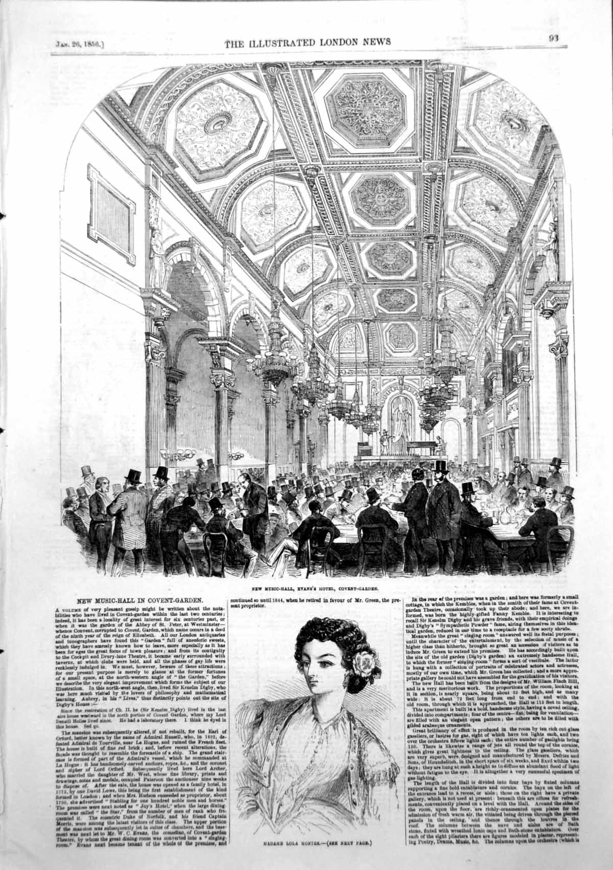 Antique Print Madame Lola Montes Music Hall Evans Hotel Covent Garden 1856 19th