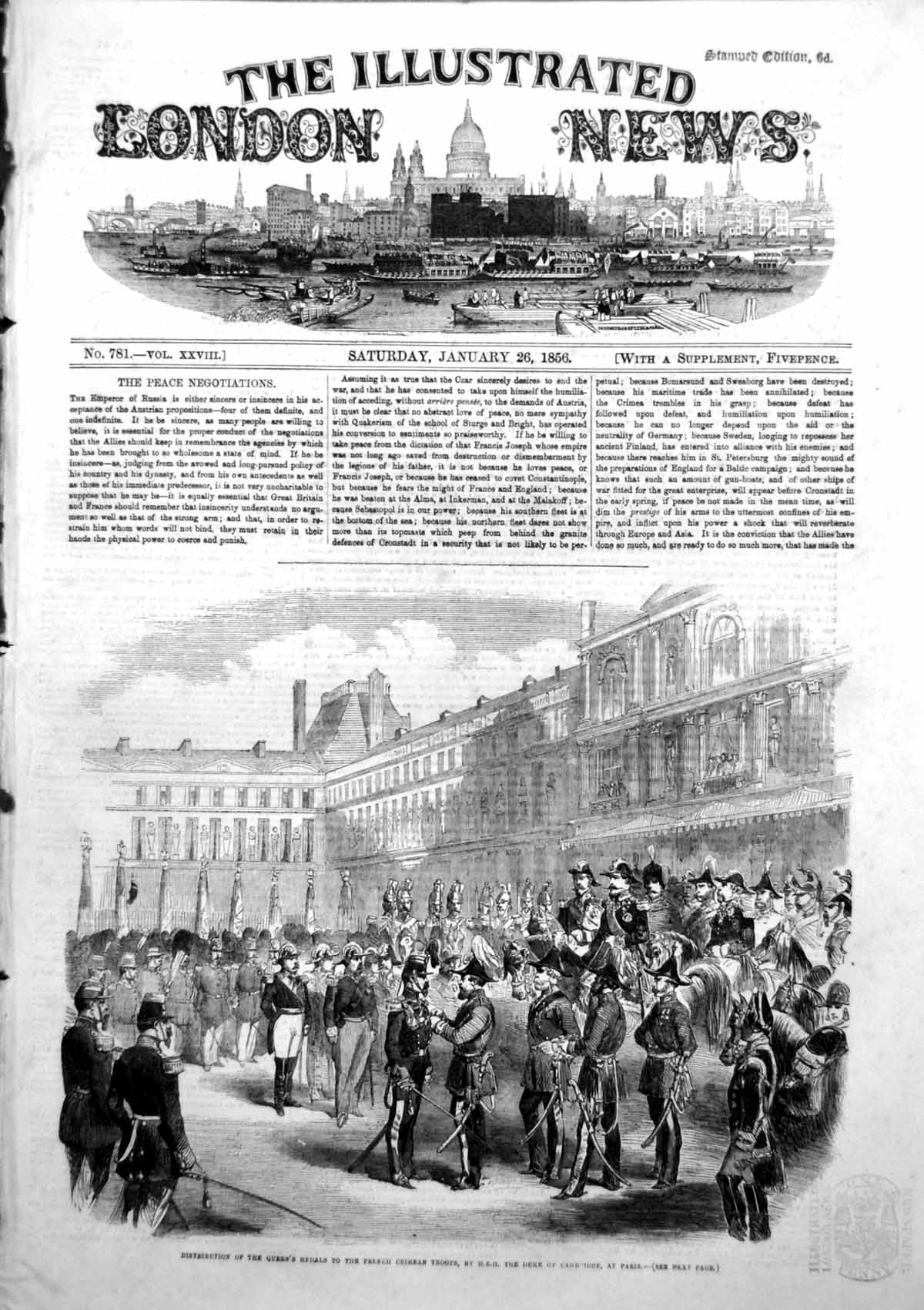 Antique Old Print Distribution Queens Medals French Crimean Troops Paris 1856