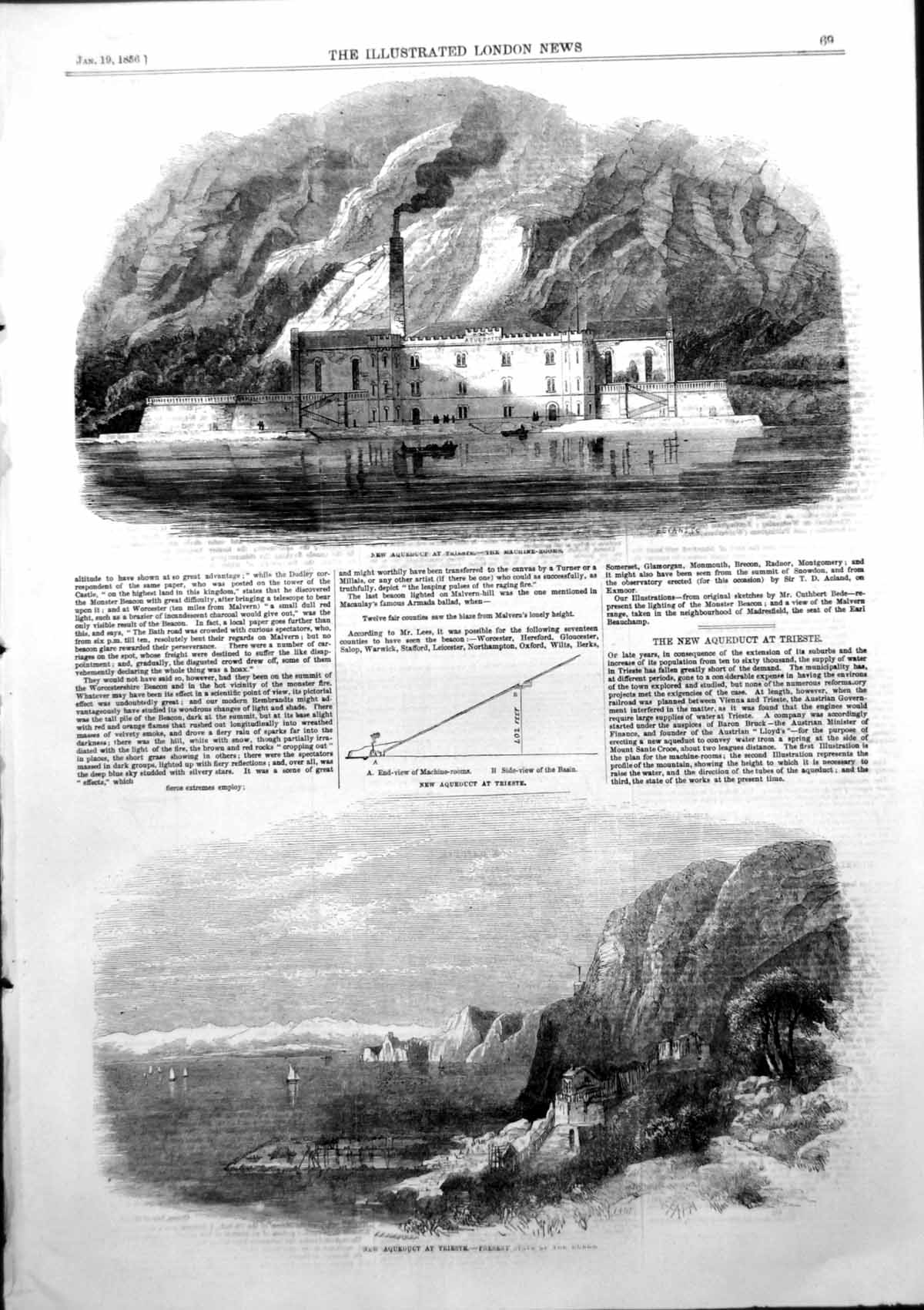 Original Old Antique Print New Aqueduct Trieste Machine Rooms View Works 1856