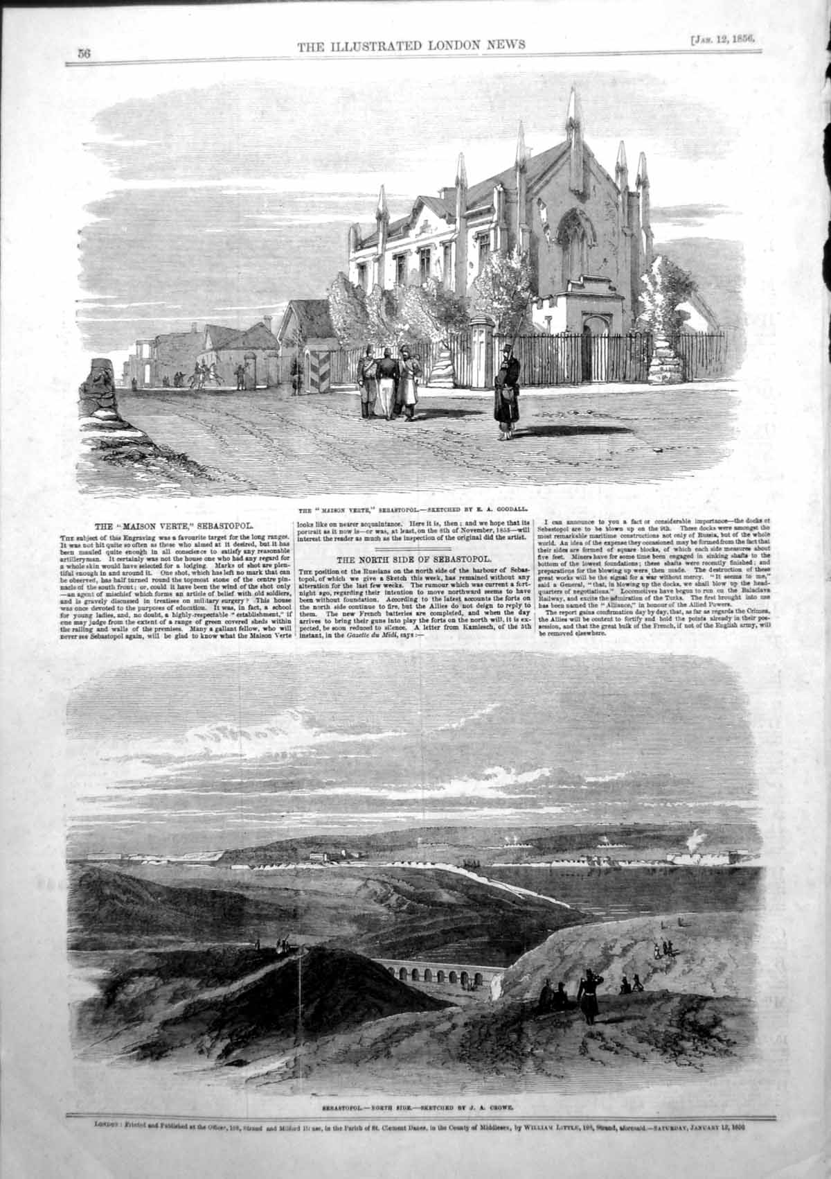 Antique Old Print Maison Verte Sebastopol North Side Sebastopol J Crowe 1856