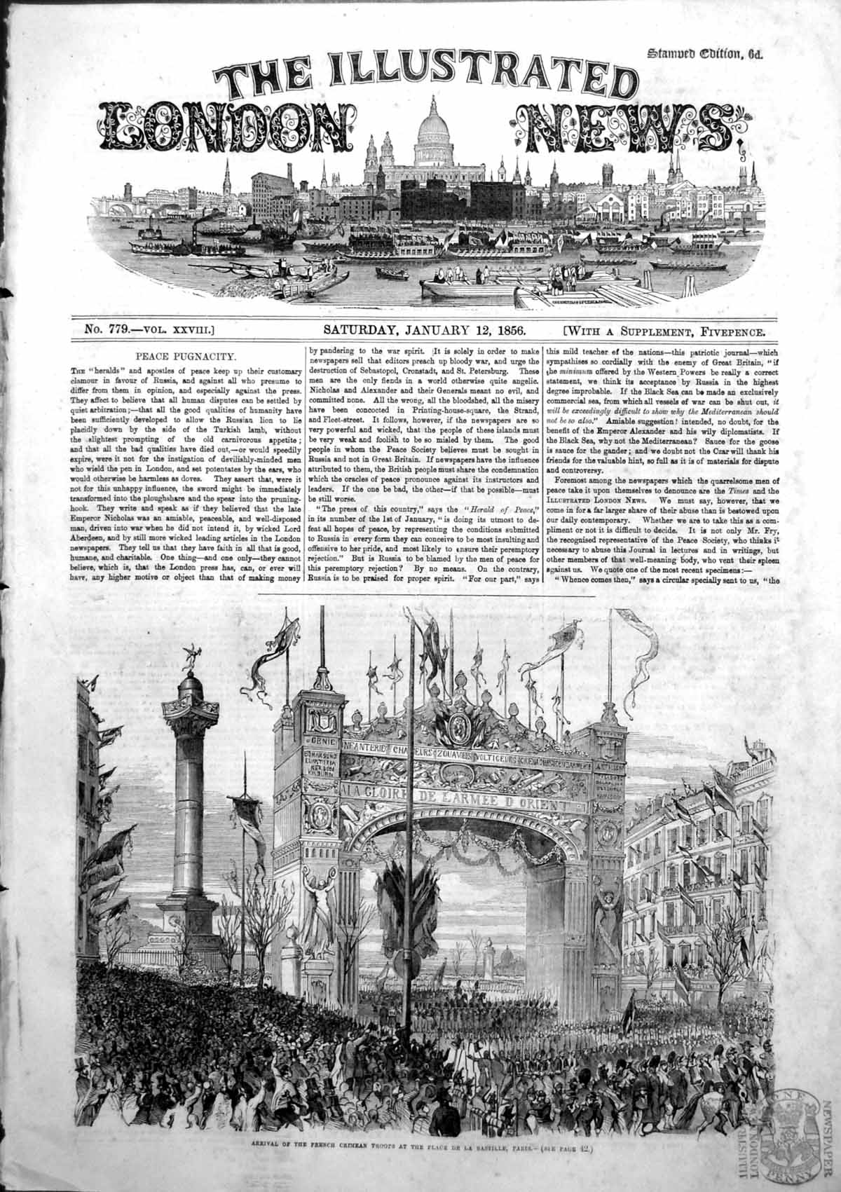 Antique Old Print Arrval French Crimea Troops Place De La Bastille Paris 1856