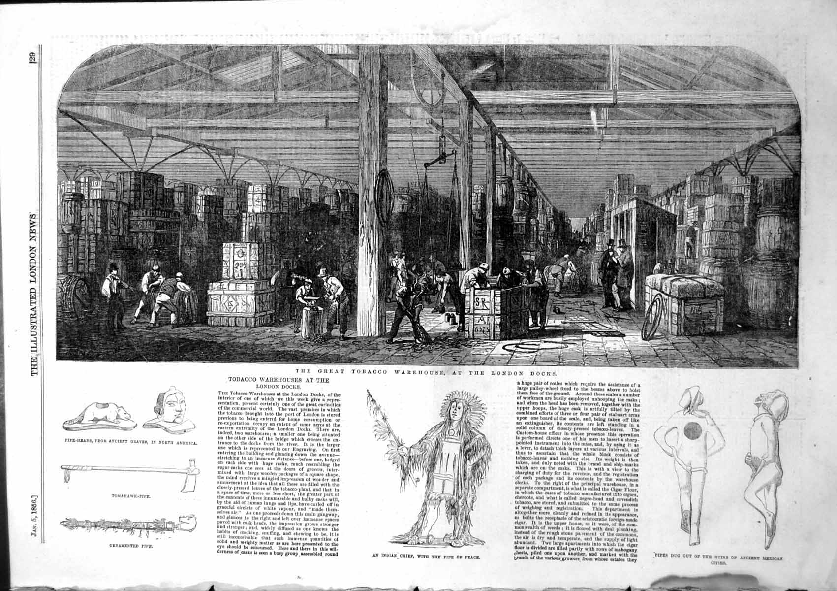 Antique Old Print Tobacco Warehouse London Docks Pipes Dug Ruins Mexico 1856