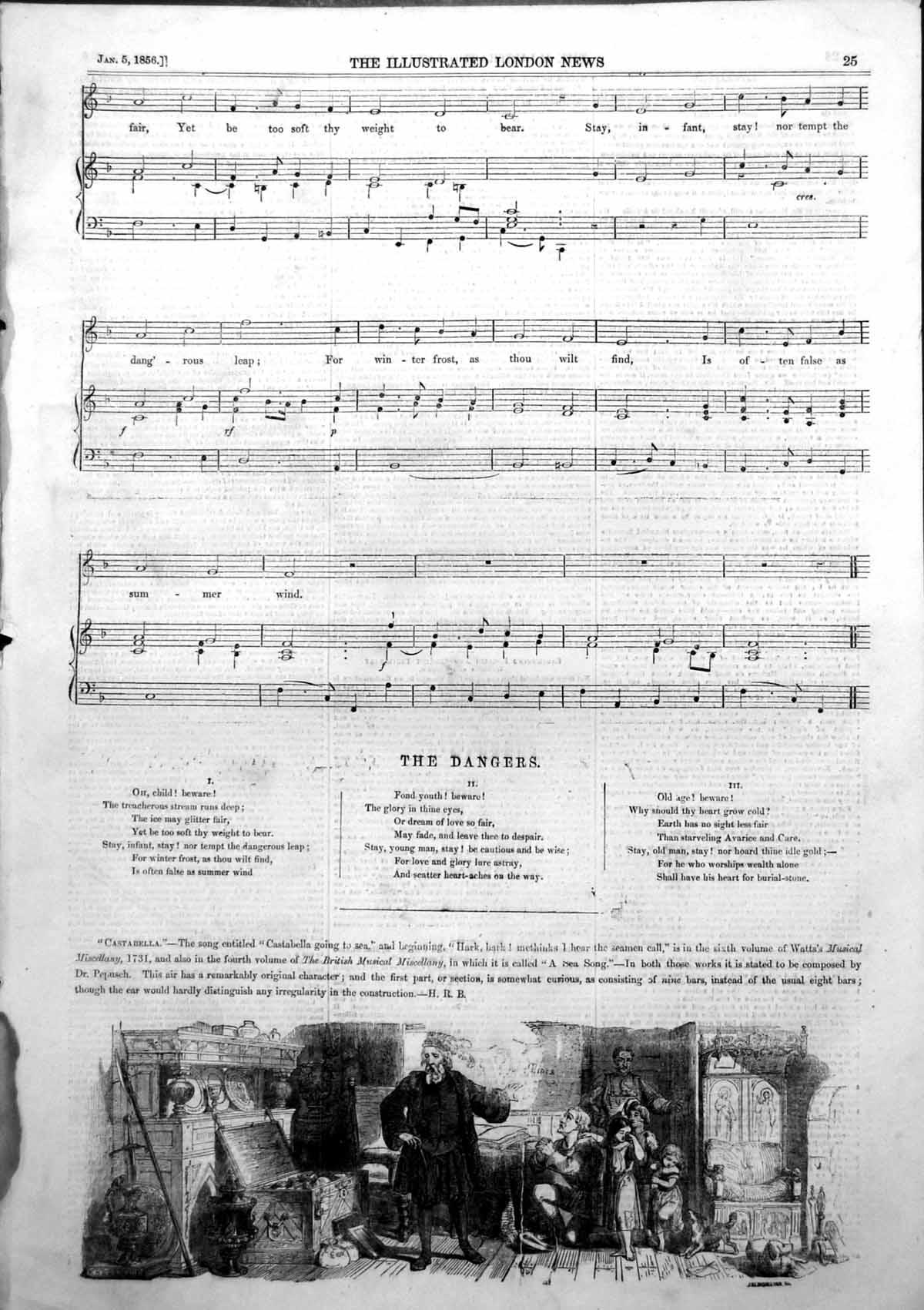 Old Print Music Notes Castabella Going Sea Watts Musical Miscellany 1856 19th