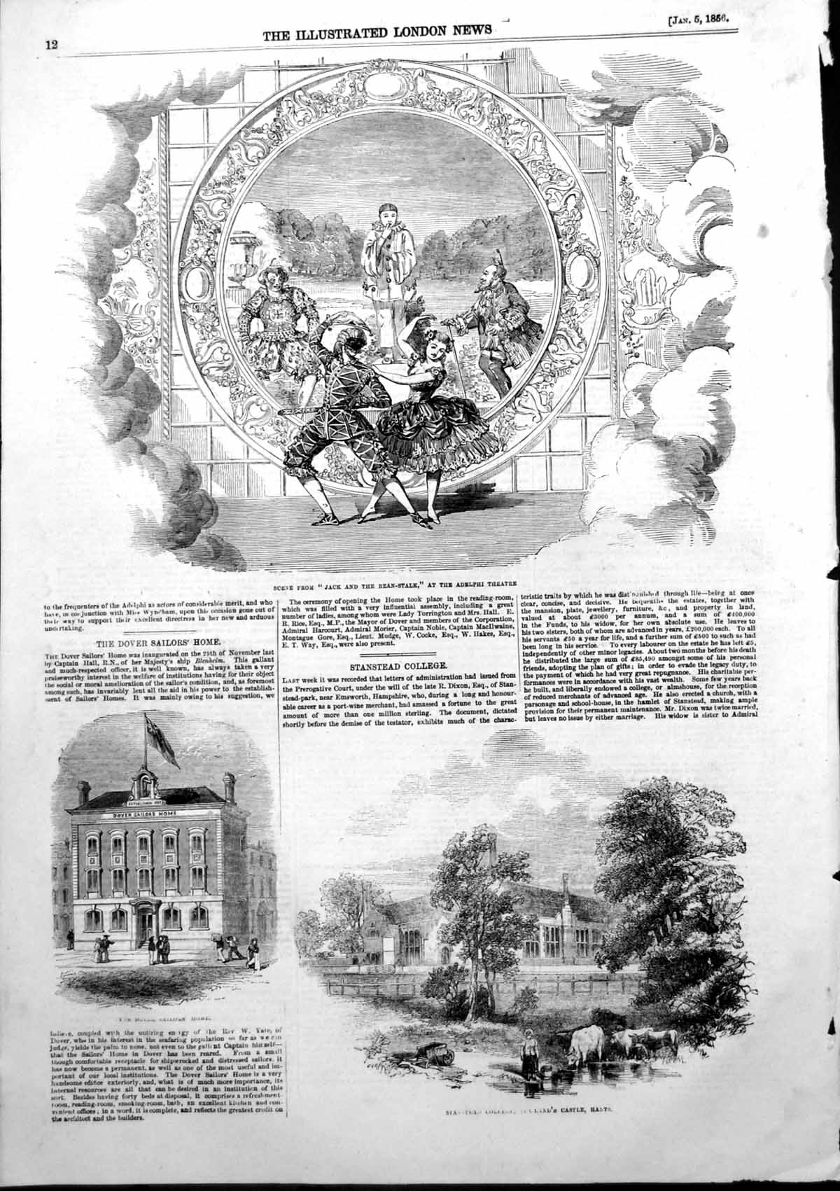 Antique Old Print Dover Sailors Home Stanstead College Jack Bean-Stalk 1856