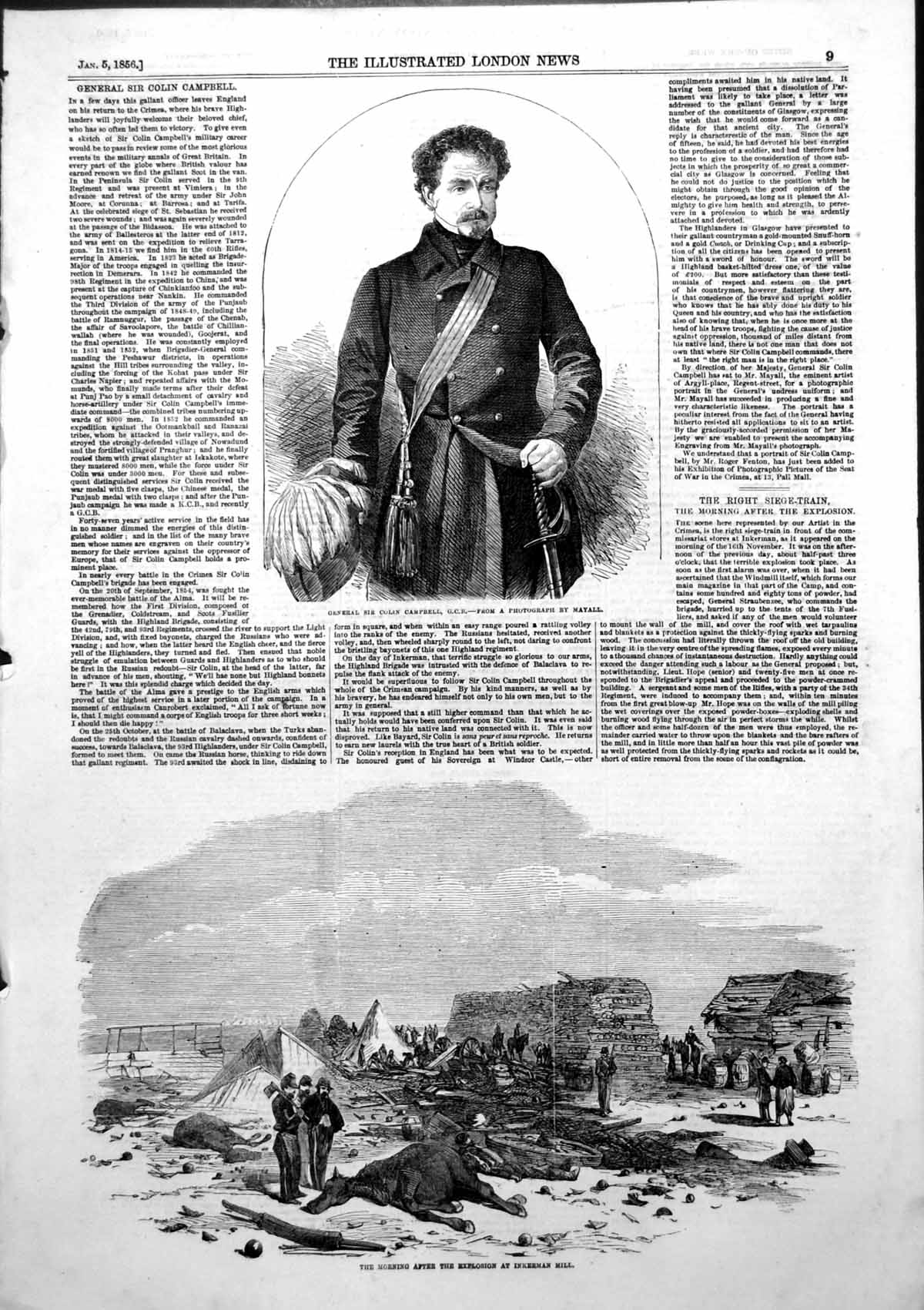 Old Antique Print General Sir Colin Campbell Explosion Inkerman Mill 1856 19th