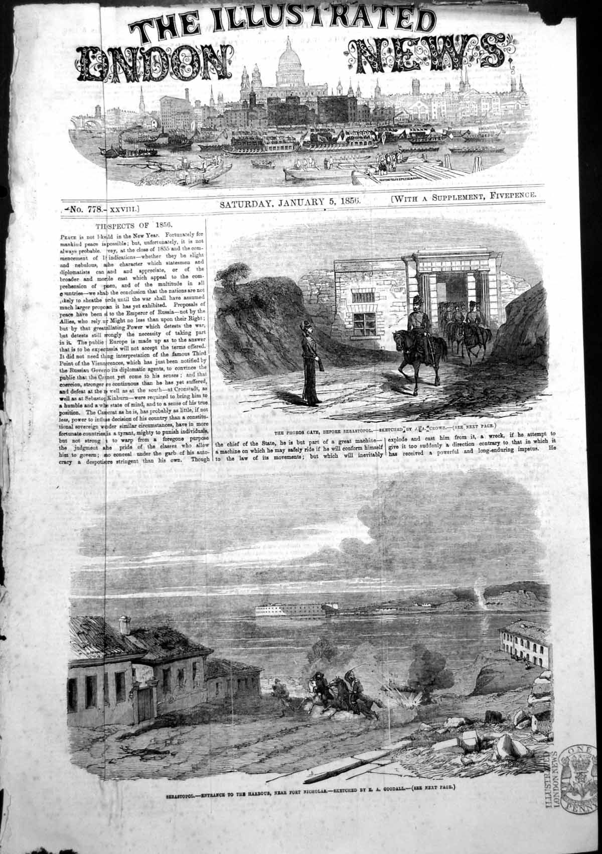 Antique Old Print Phoros Gate Entrance Harbour Fort Nicholas Sebastopol 1856