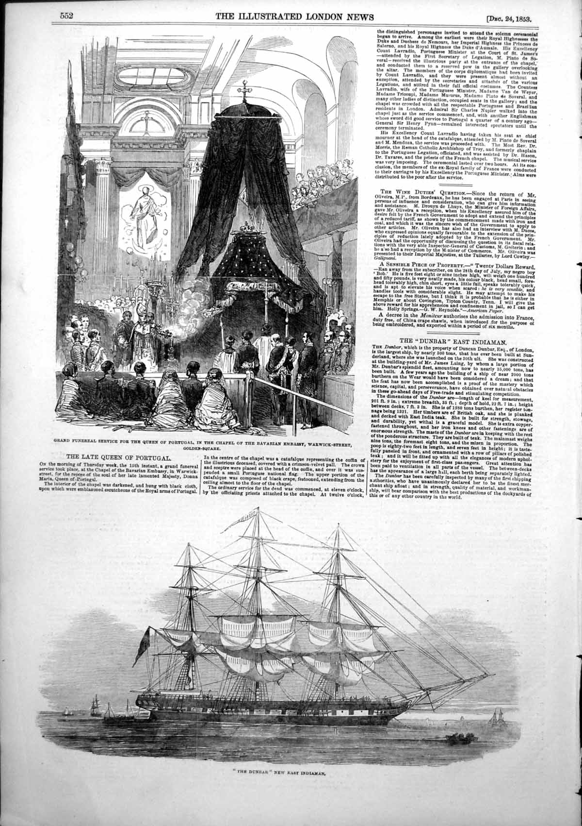 Old Antique Print Dunbar East Indiaman Funeral Queen Portugal Chapel 1853 19th