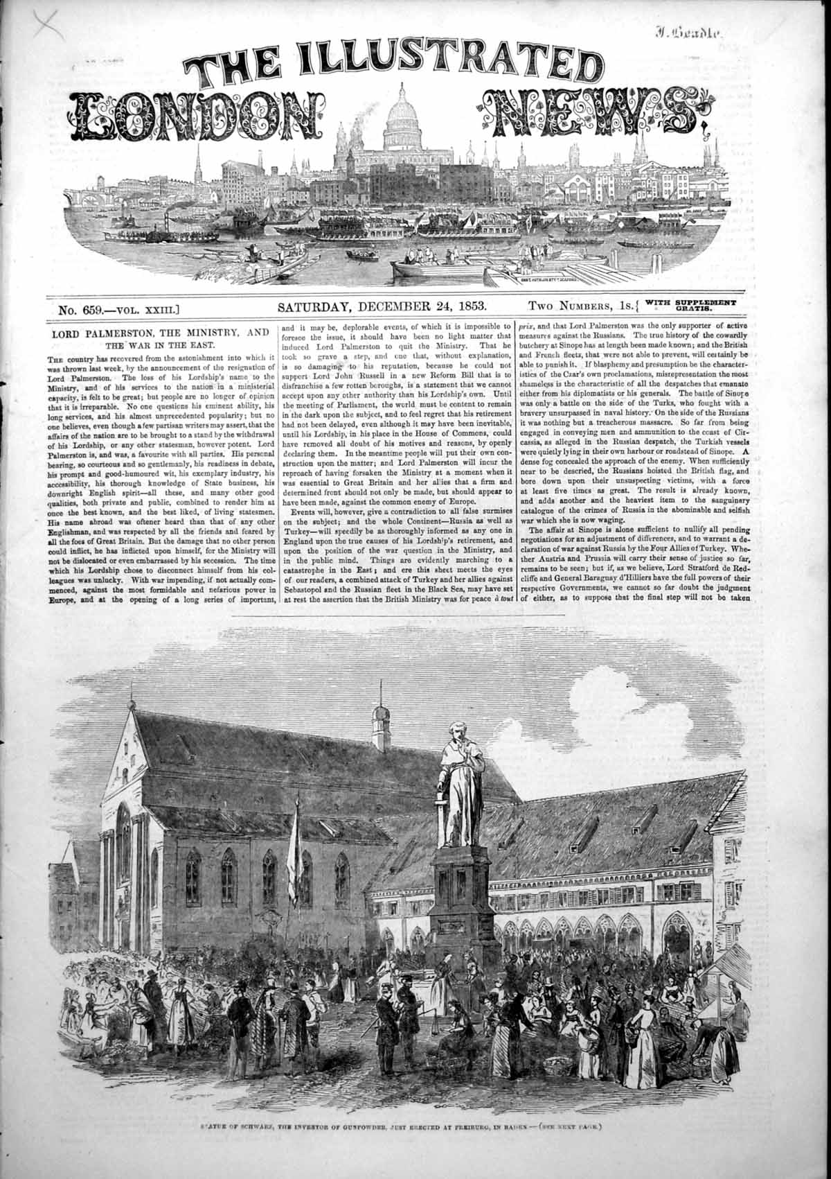 Old Antique Print Statue Schwarz Inventor Gunpowder Freiburg Baden 1853 19th