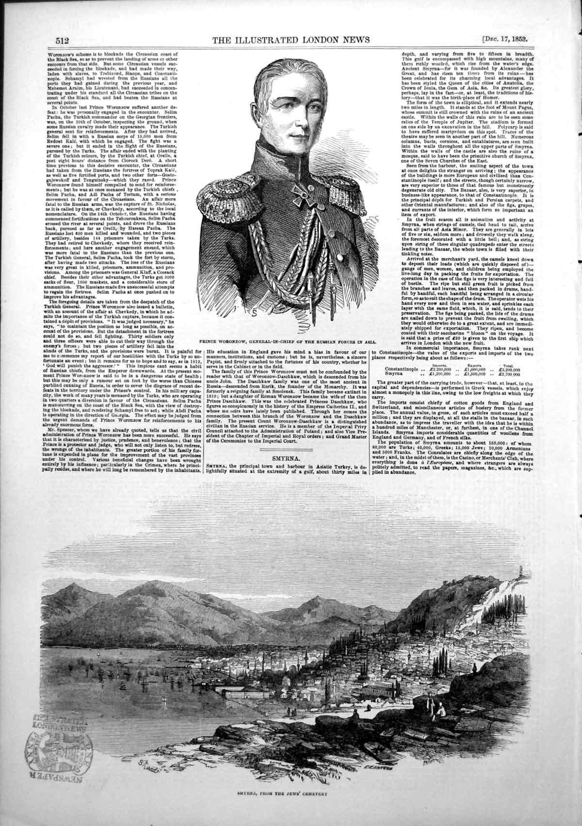 Old Antique Print Prince Woronzow Chief Russian Forces Asia Smyrna 1853 19th