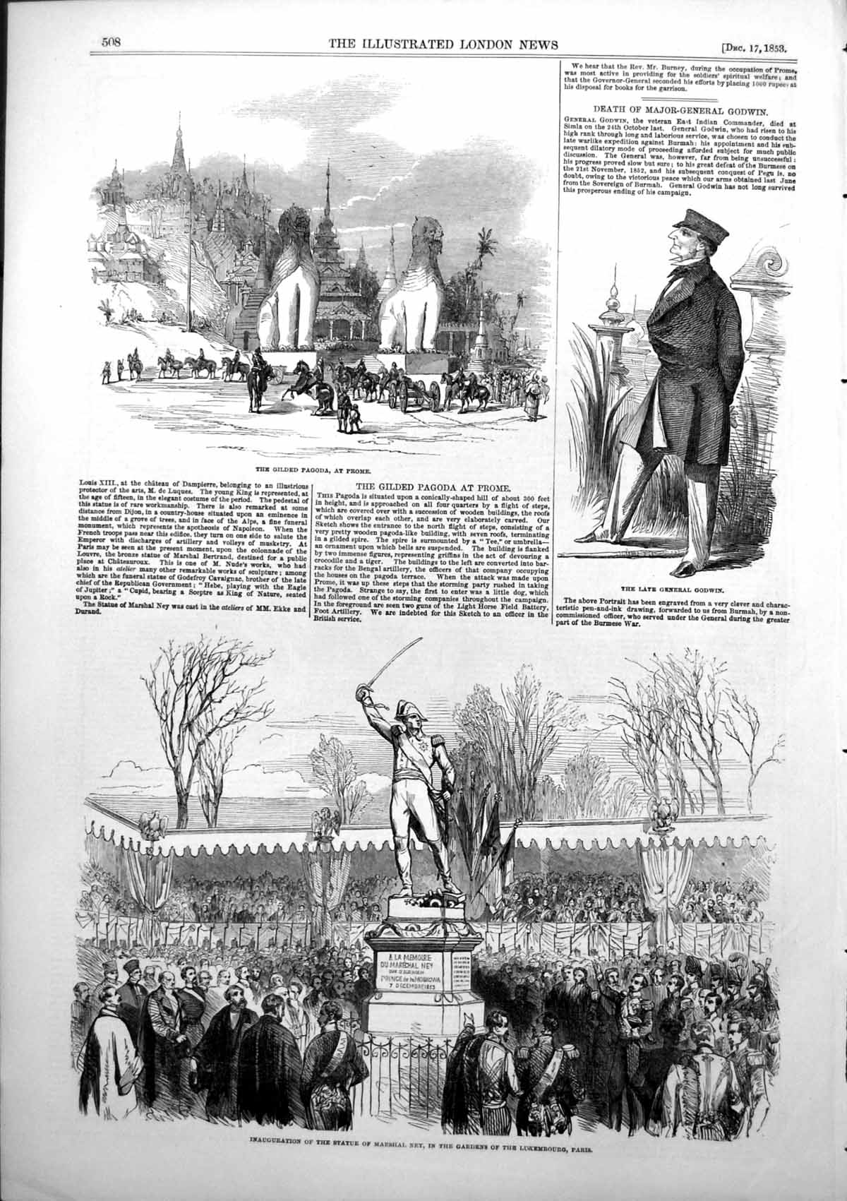 Antique Print Gilded Pagoda Prome Statue Marshal Ney Paris Gen Godwin 1853 19th