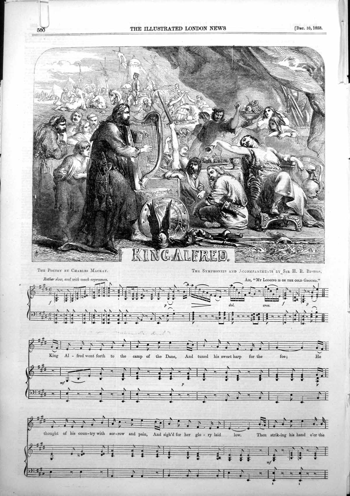 Original Old Antique Print Music Notes King Alfred Lodging CGround 1853 19th