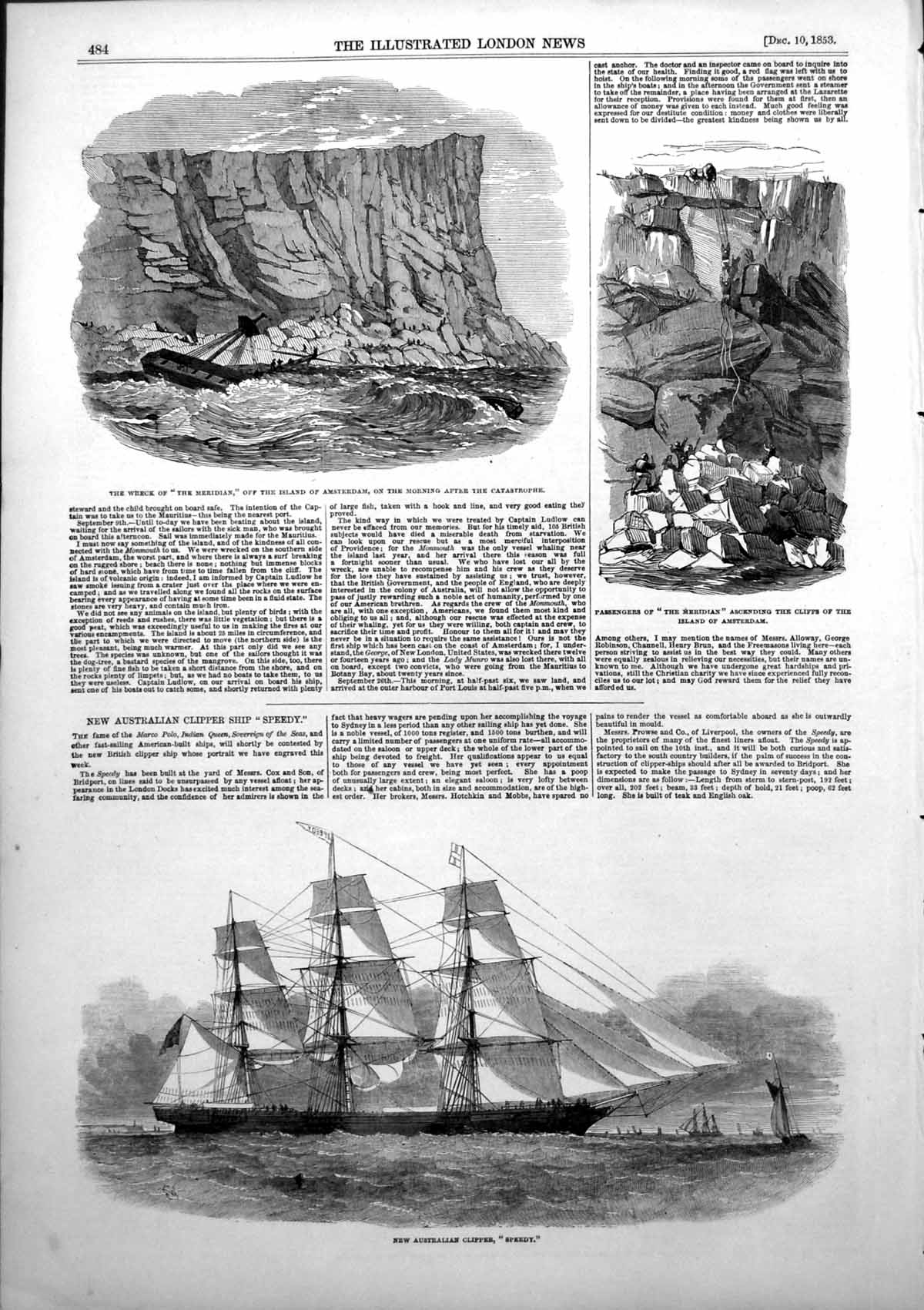 Old Antique Print Wreck Meridean Island Amsterdam Passengers Cliffs 1853 19th
