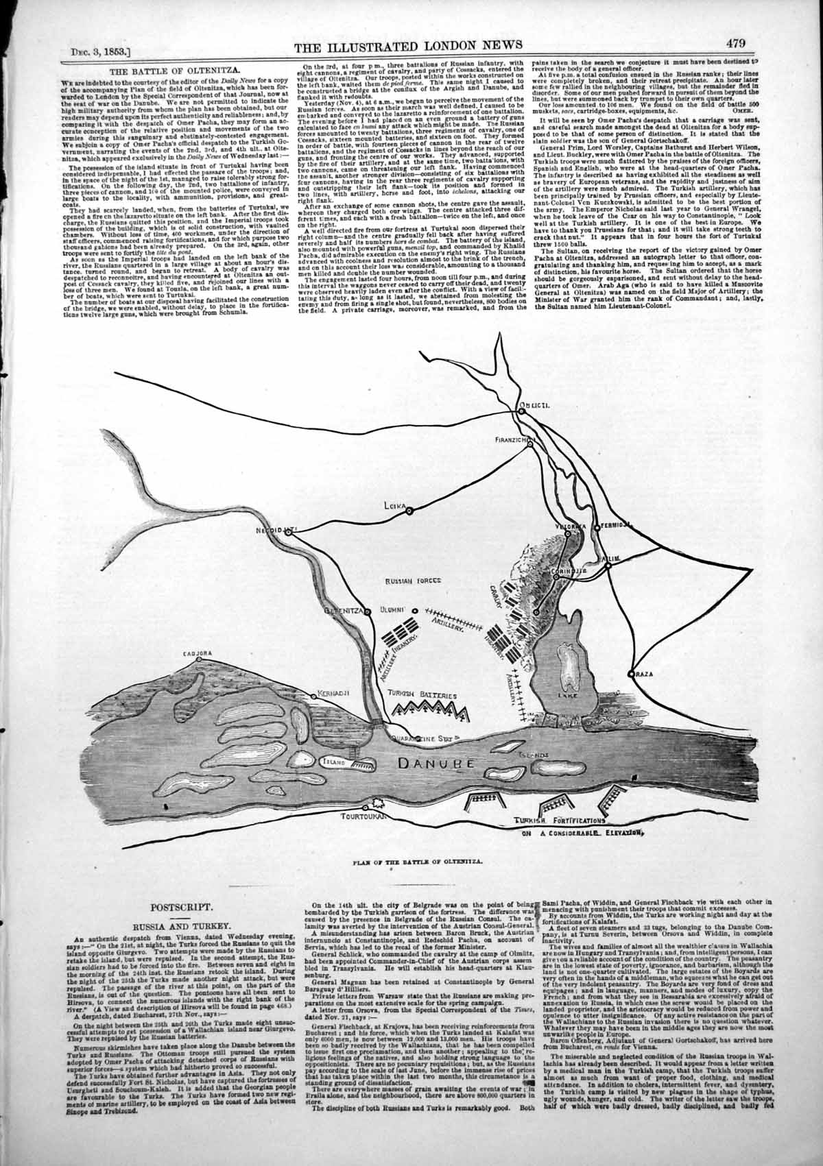 Old Print Plan Battle Olteniza Map Turkish Batteries Russian Forces 1853 19th