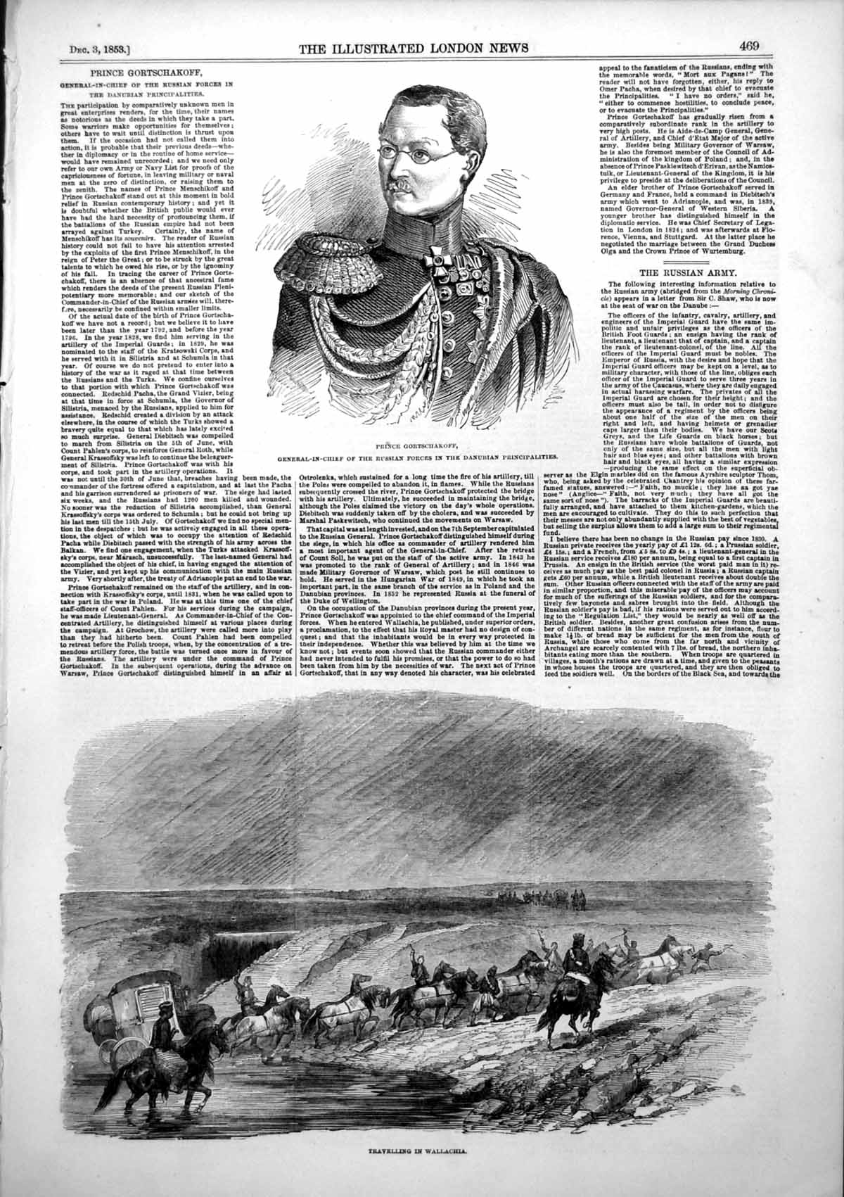 Antique Old Print Prince Gortschakoff Russian Forces Danube Wallachia 1853 19th