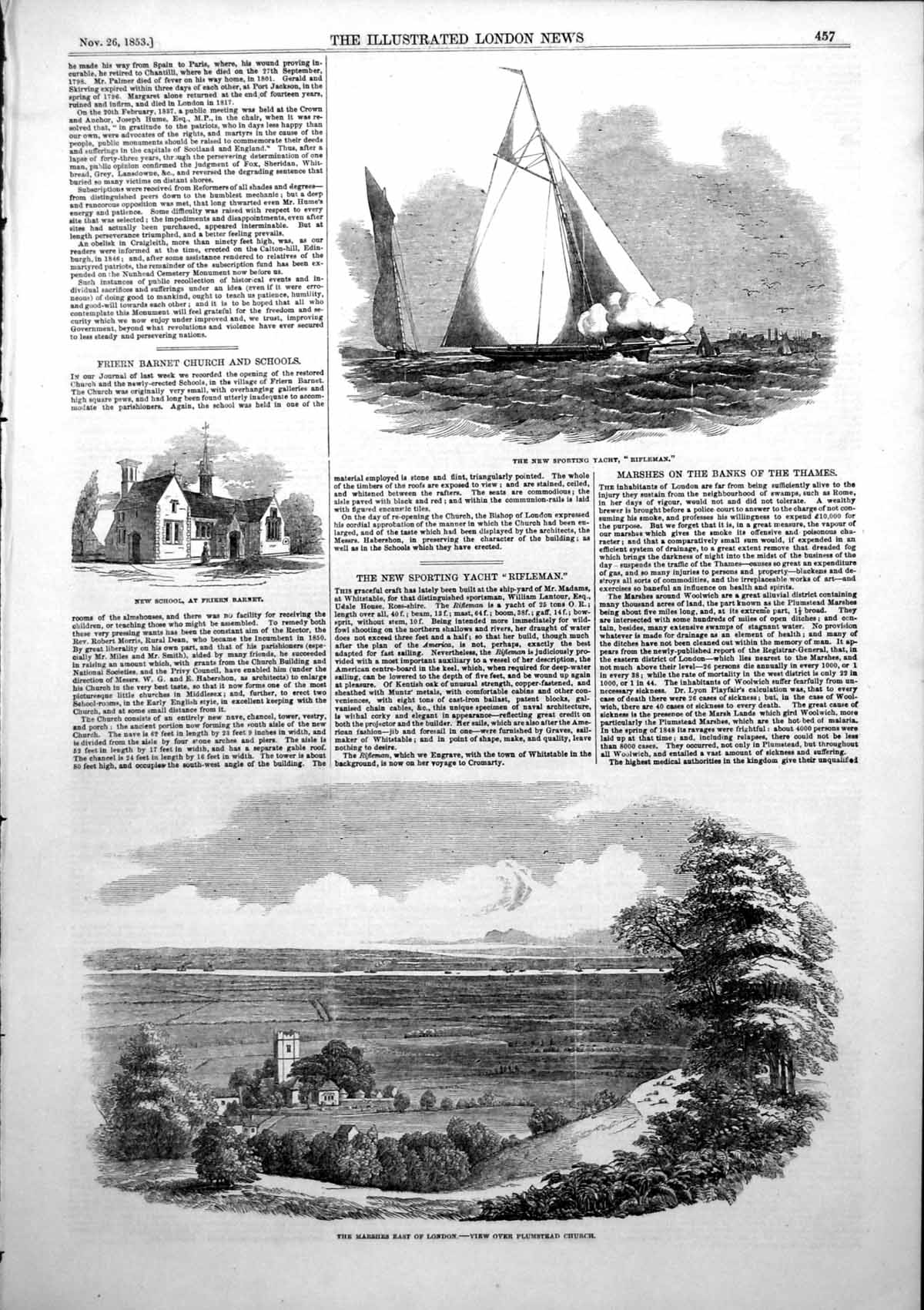 Old Antique Print New School Friern Barnet Marshes Plumstead Church 1853 19th