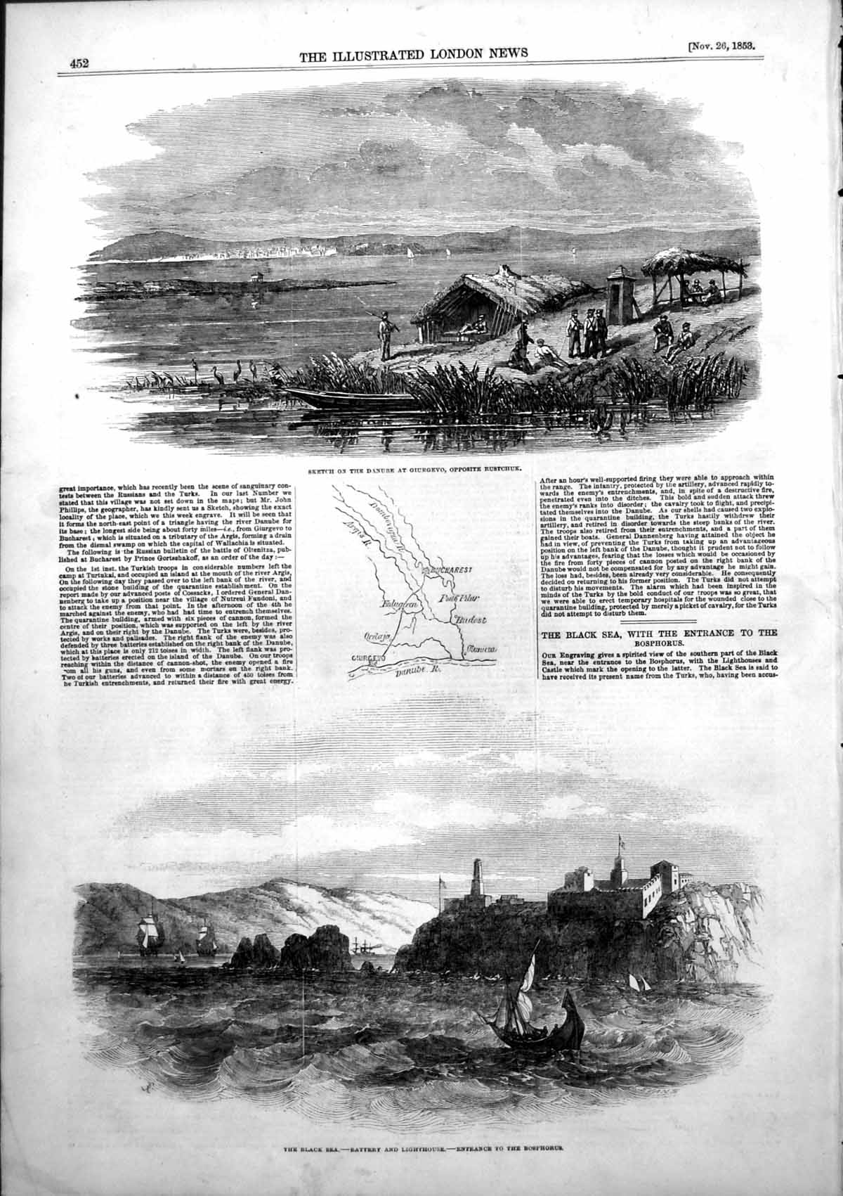 Antique Old Print Danube Giurgevo Black Sea Battery Lighthouse Bosphorus 1853
