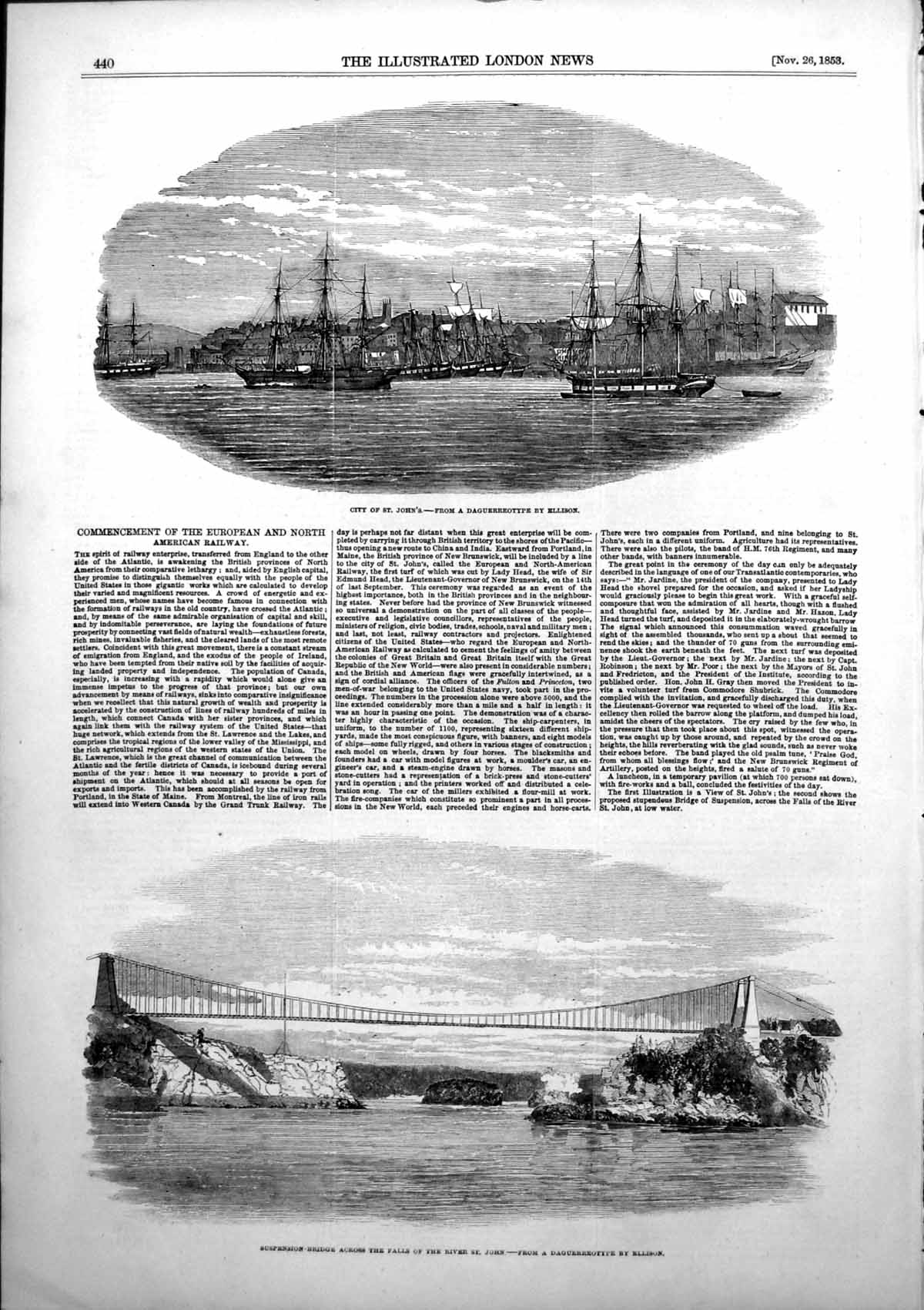 Old Print City St Johns Suspension Bridge Across Falls River St John 1853 19th