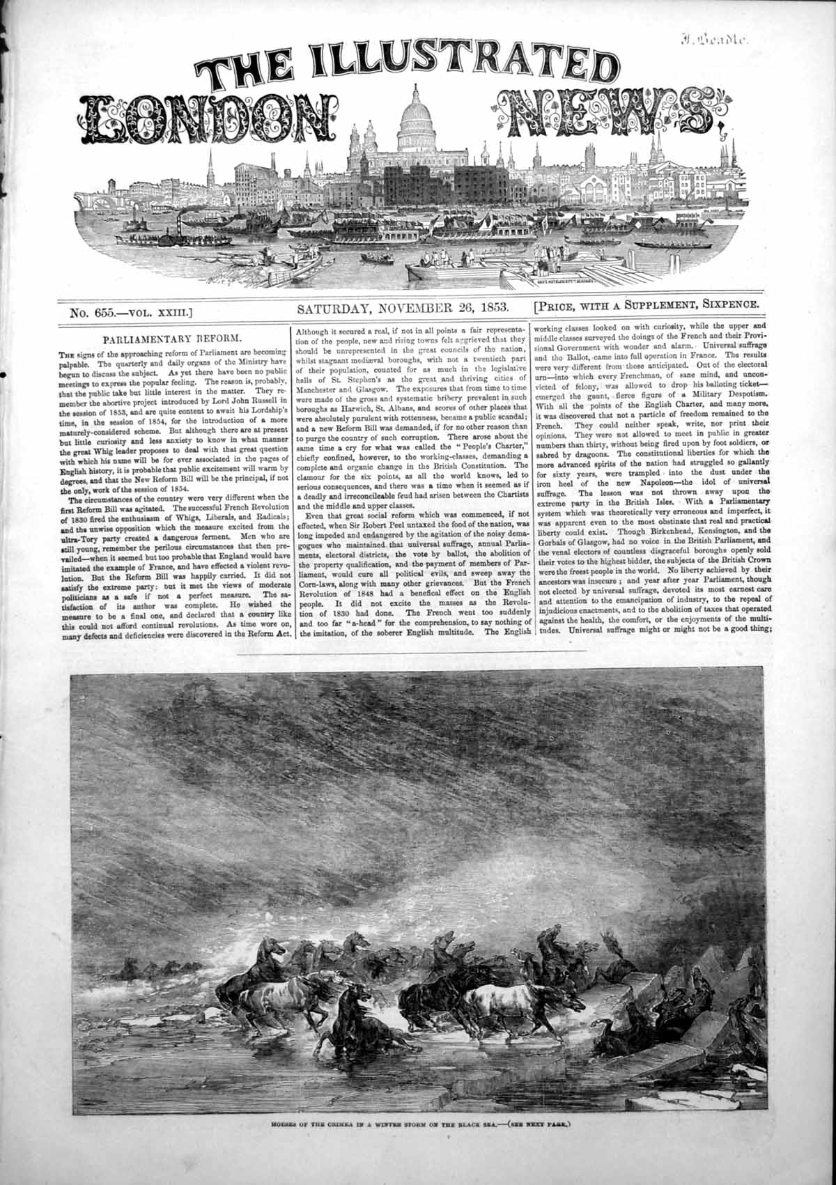 Original Old Antique Print Horses Crimea Winter Storm Black Sea 1853 Victorian