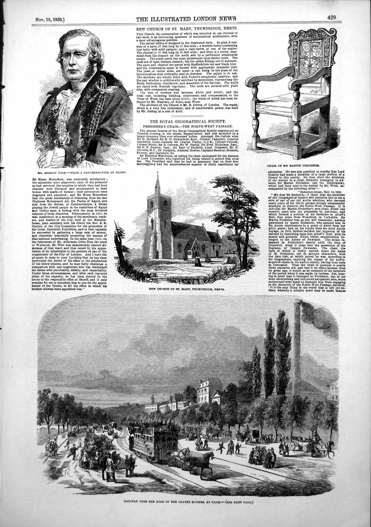 Antique Old Print Railway Champs Elysees Paris Church St Mary Thunbridge 1853