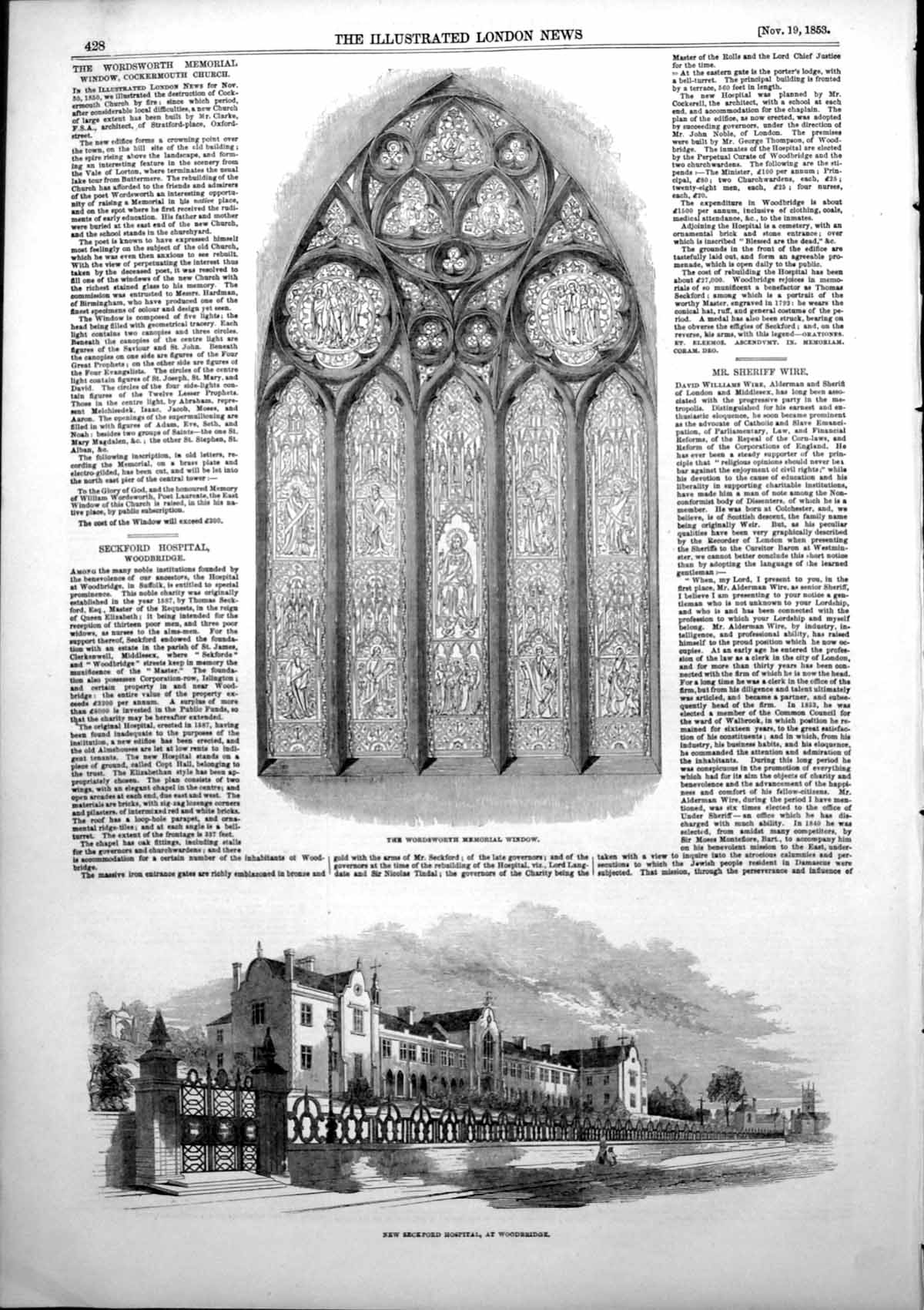 Old Antique Print Seckford Hospital Woodbridge Wordsworth Mem Window 1853 19th