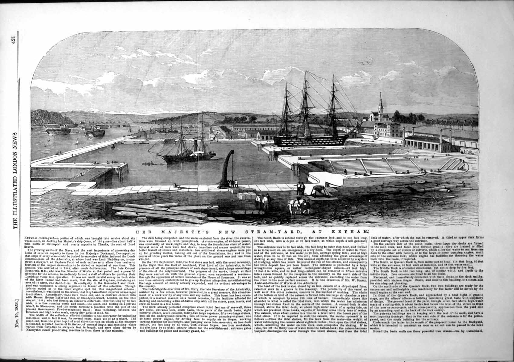 Original Old Antique Print Her Majestys New Steam-Yard Keyham Ships 1853 19th
