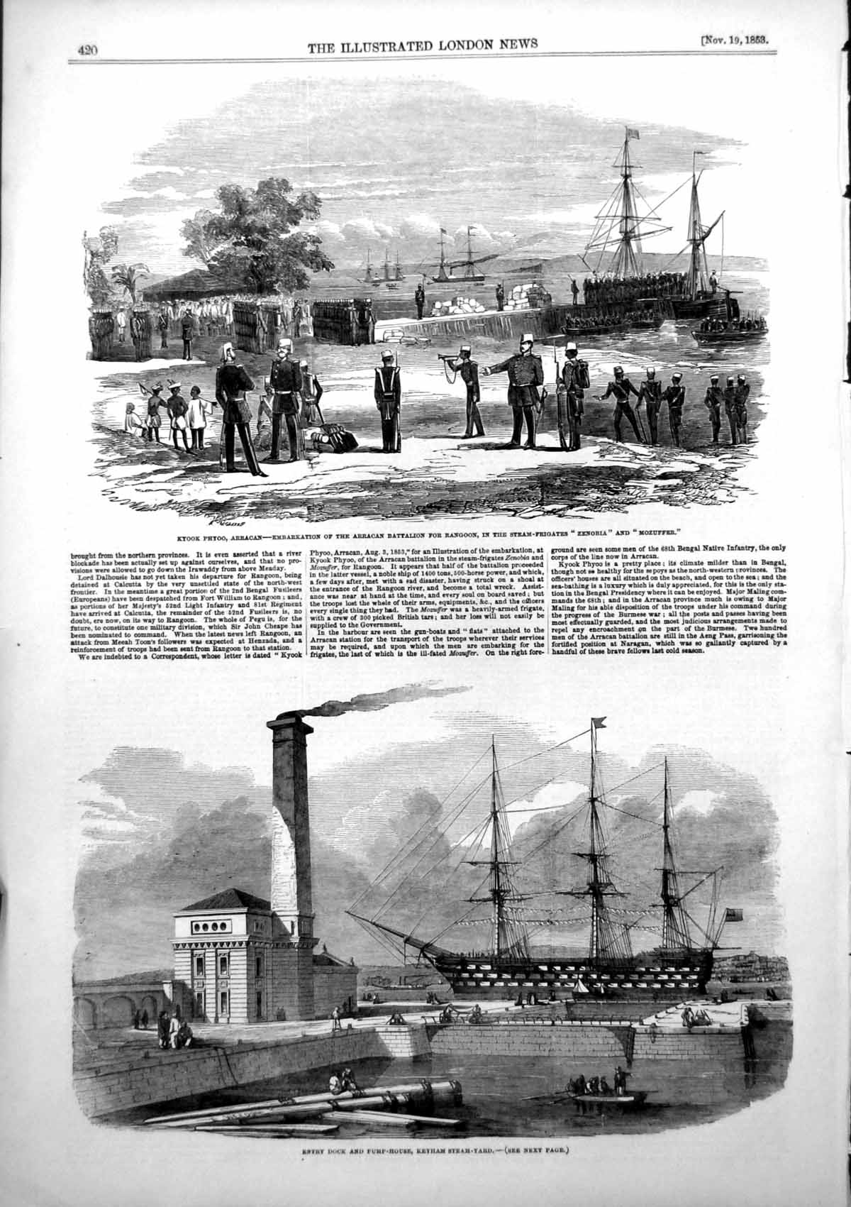 Old Antique Print Keyham Steam-Yard Arracan Battalion Rangoon Embark 1853 19th