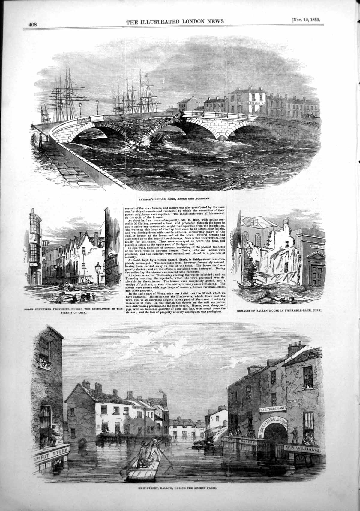 Antique Old Print Inundations Cork Boats Street Patricks Bridge Mallow 1853