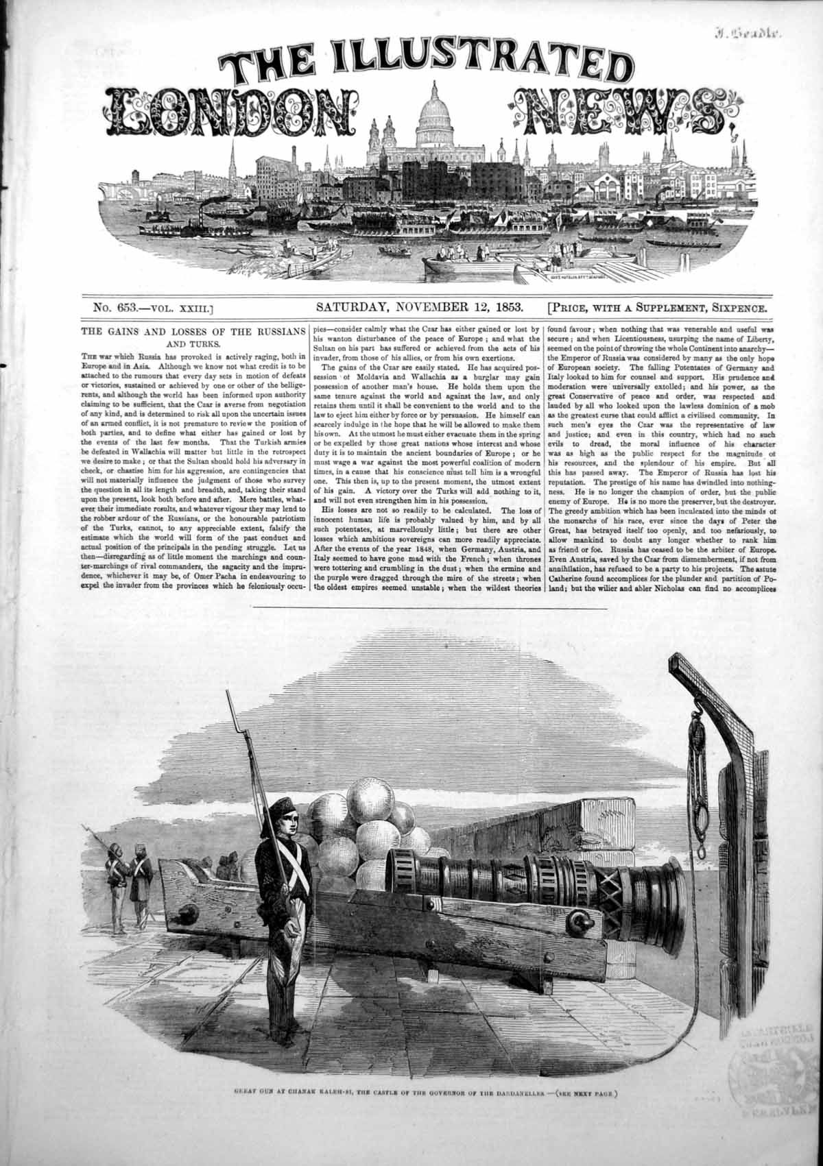 Antique Old Print Great Gun Chanak Kaleh Si Castle Governor Dardanelles 1853
