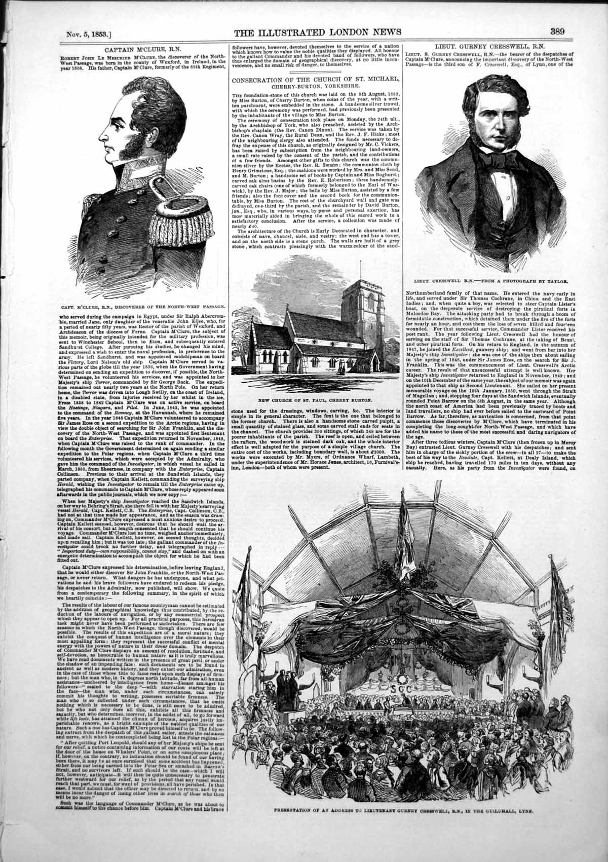 Antique Print Captain Mclure Lieut Gurney Cresswell Address Guildhall 1853 19th