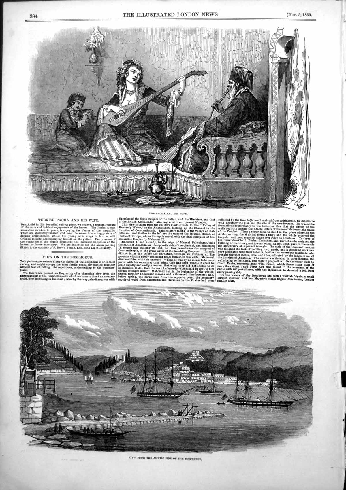Antique Old Print Turkish Pacha Wife View Asiatic Side Bosphorus Ships 1853