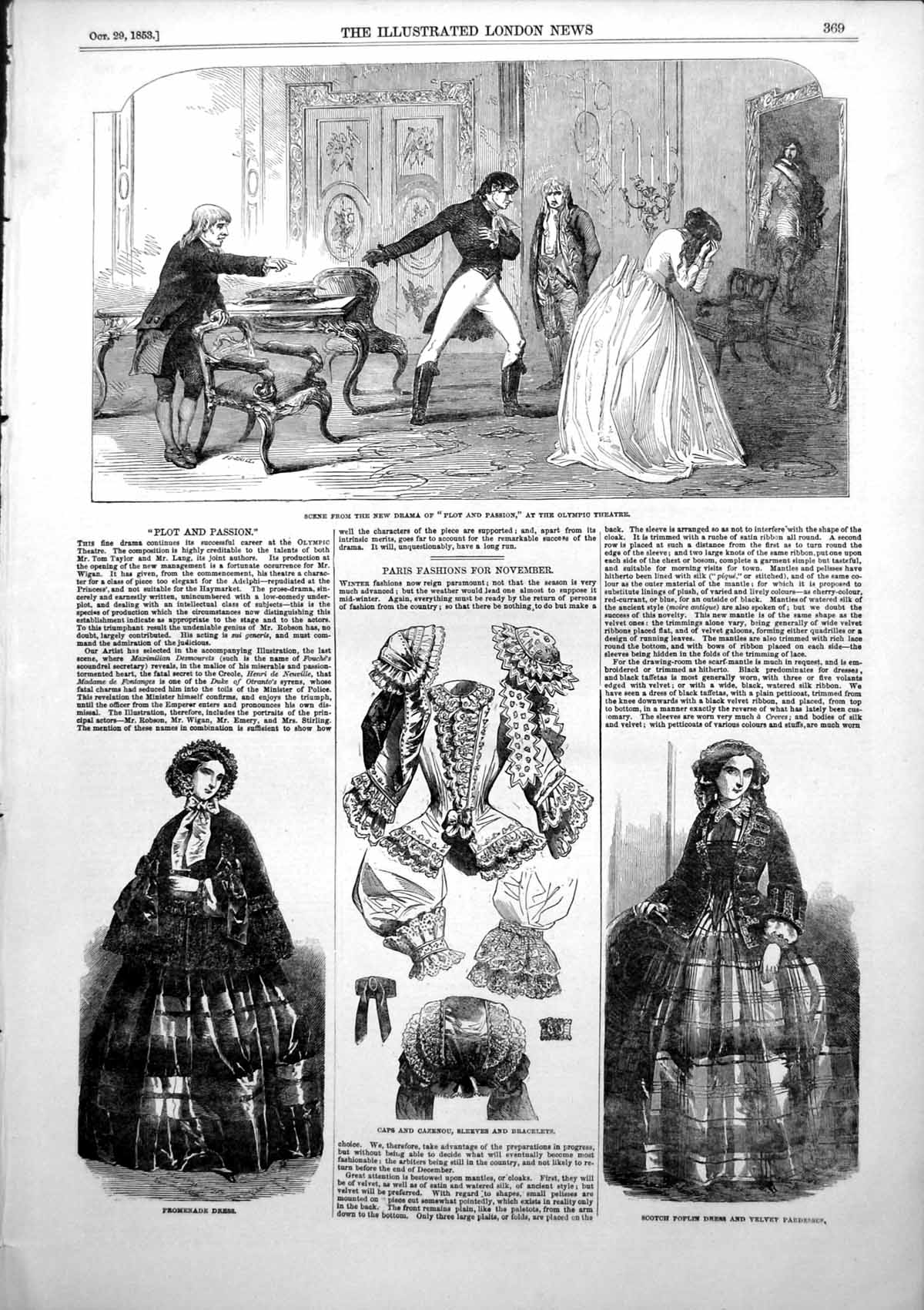 Antique Print Plot Passion Olympic Theatre Caps Cazenou Slerves Dress 1853 19th