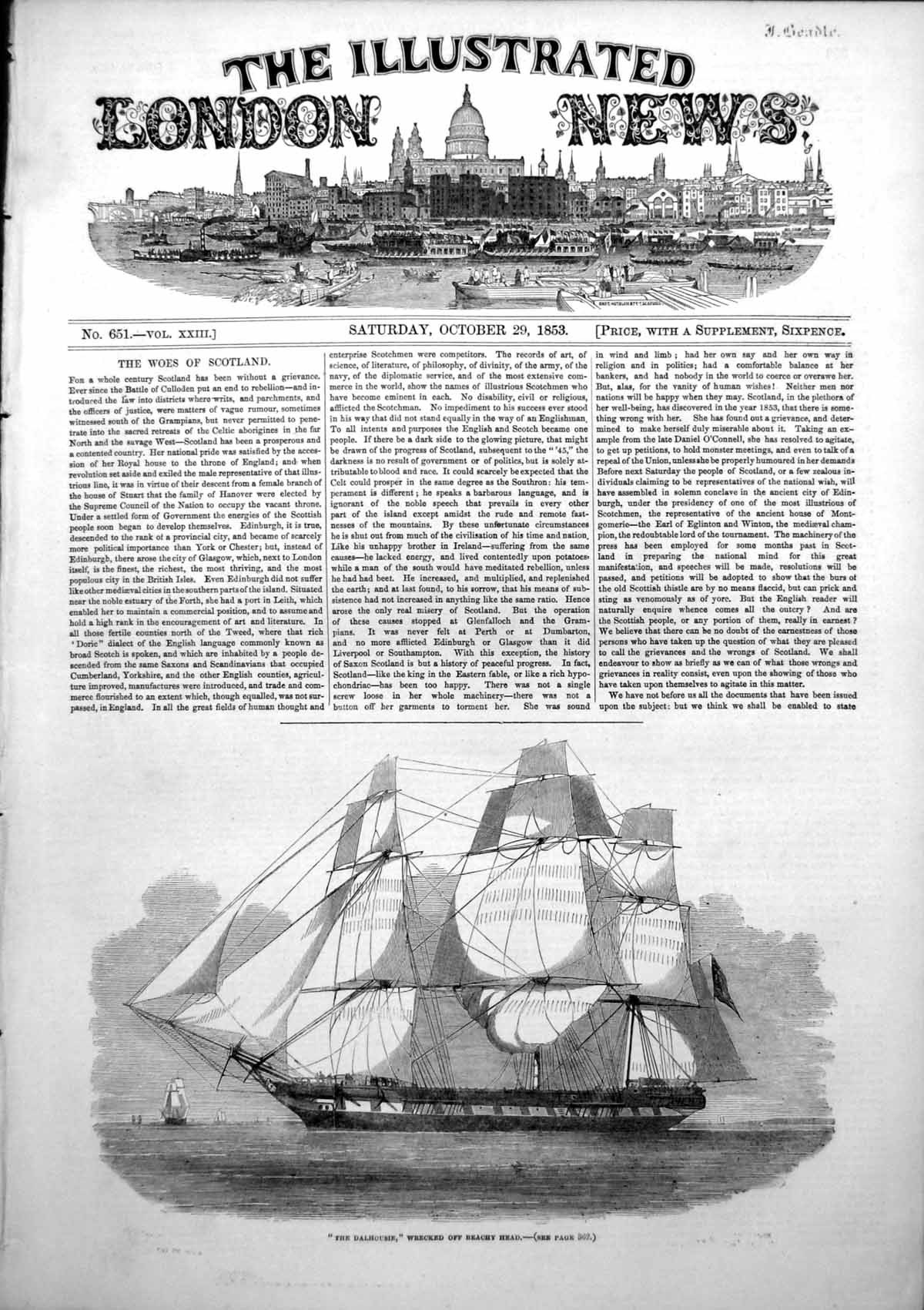 Original Old Antique Print Dalhousie Sailing Ship Wrecked Beachy Head 1853 19th