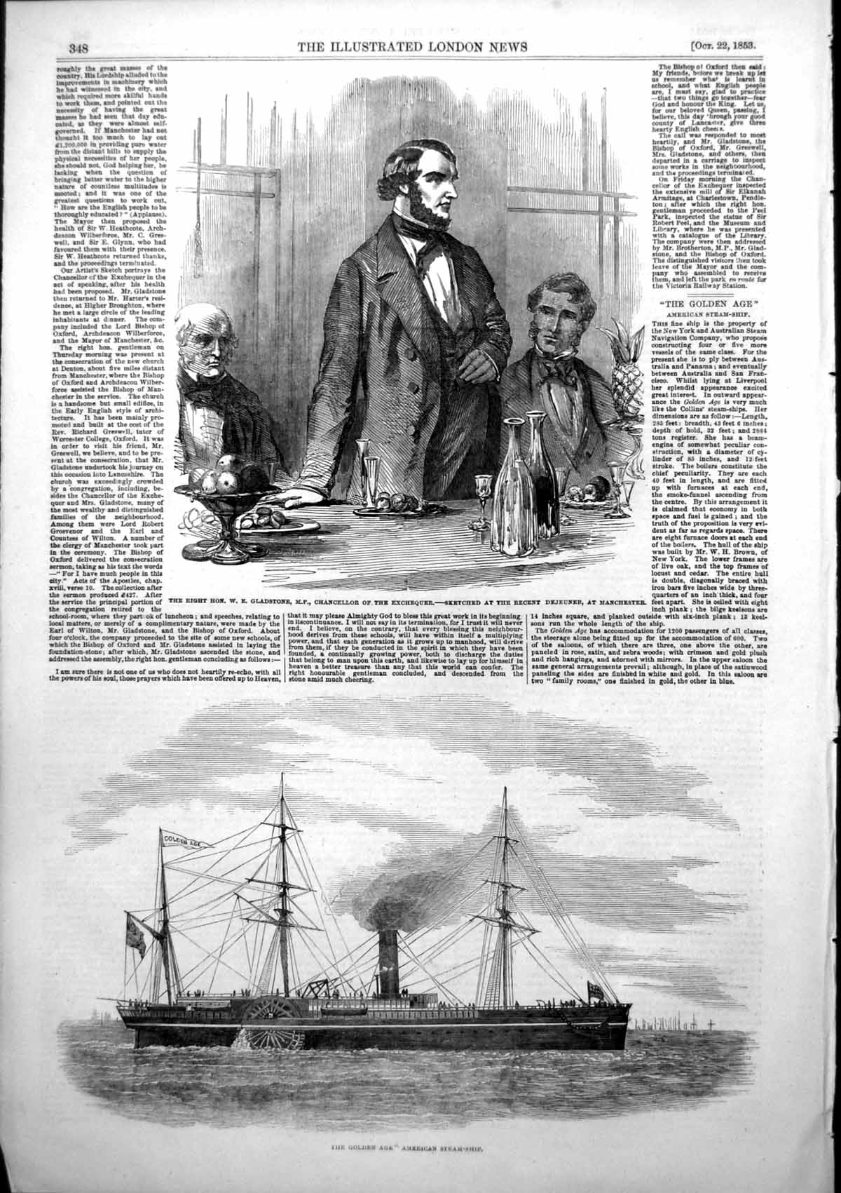 Old Antique Print Gen Age American Steam-Ship W Gladstone Chancellor 1853 19th