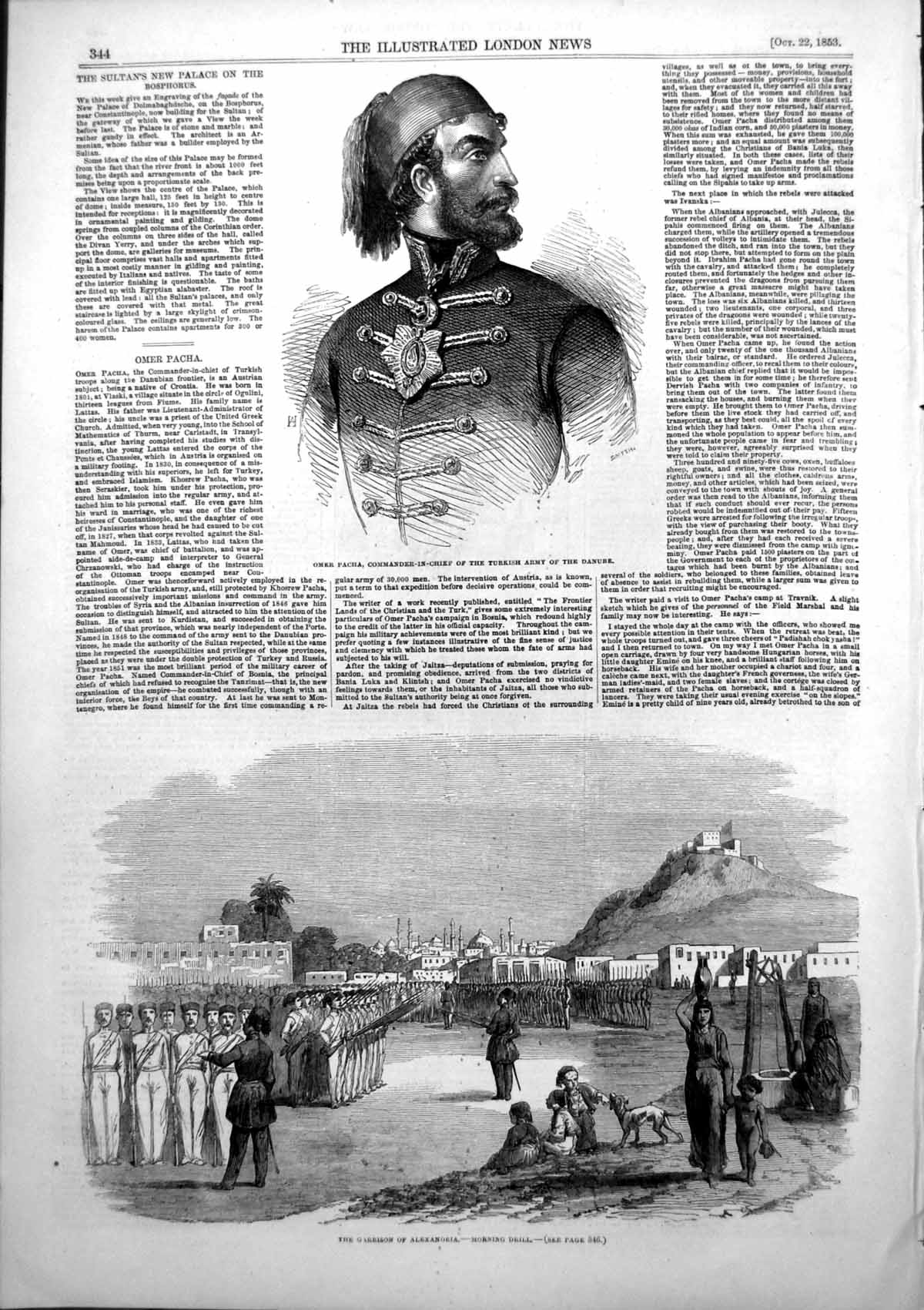 Antique Old Print Omer Pacha Commander Turks Danube Garrison Alexandria 1853