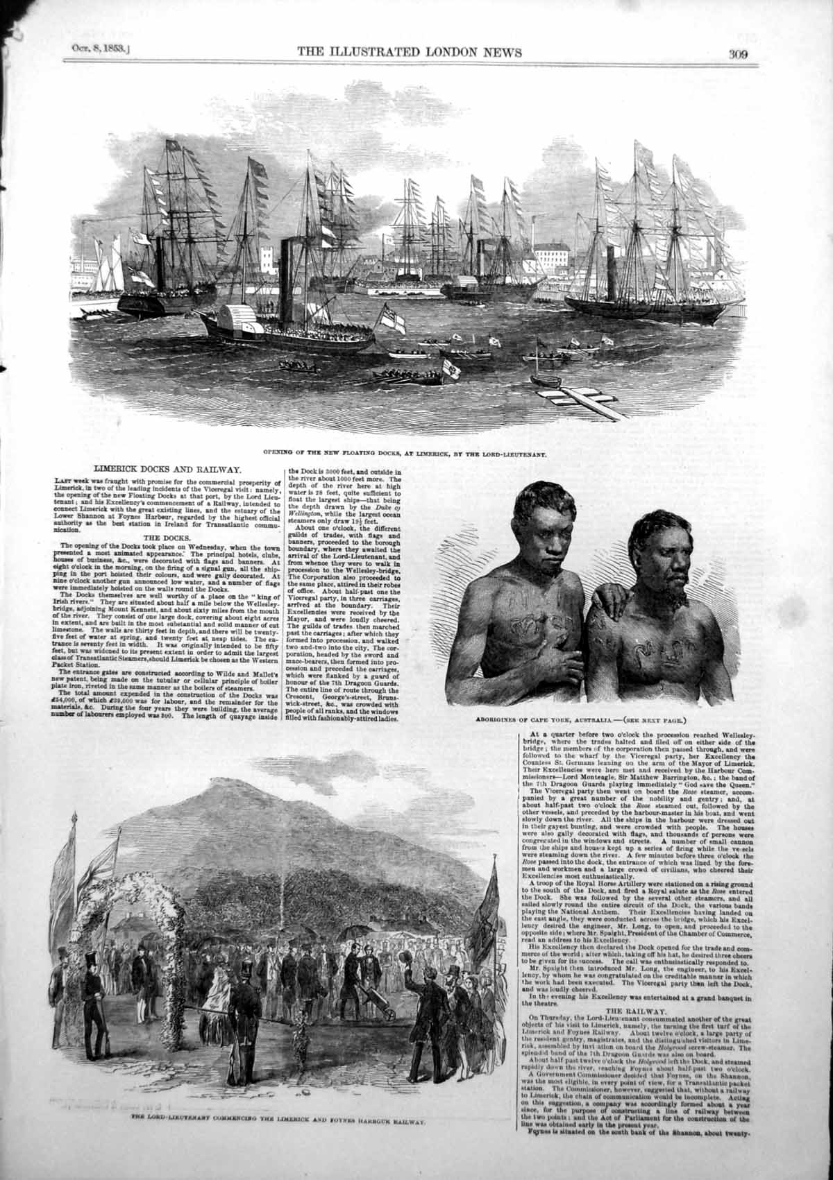 Antique Old Print Limerick Docks Railway Aborigines Cape York Australia 1853