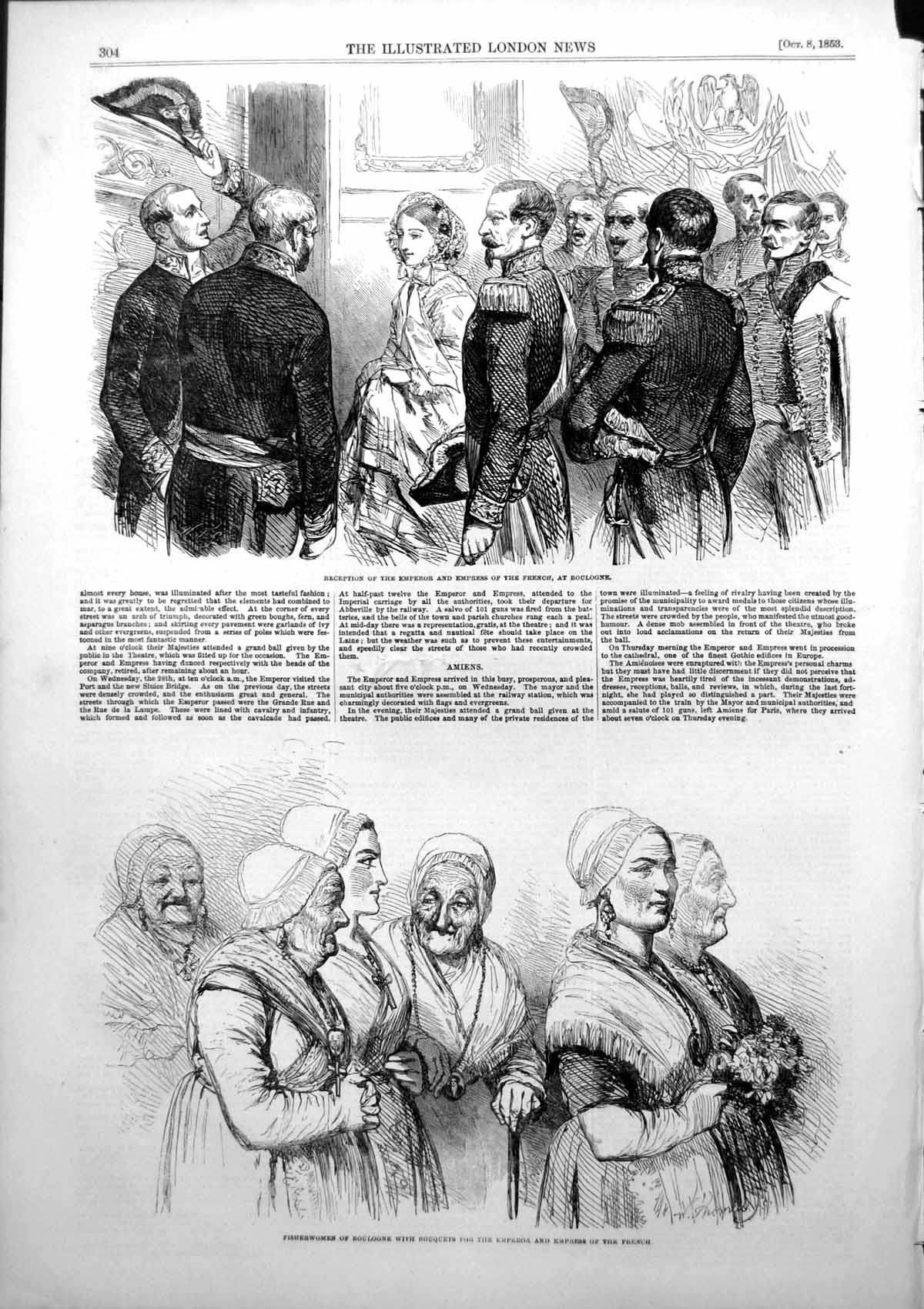 Antique Old Print Emperor Empress French Boulogne Bouquets Fisherwomen 1853