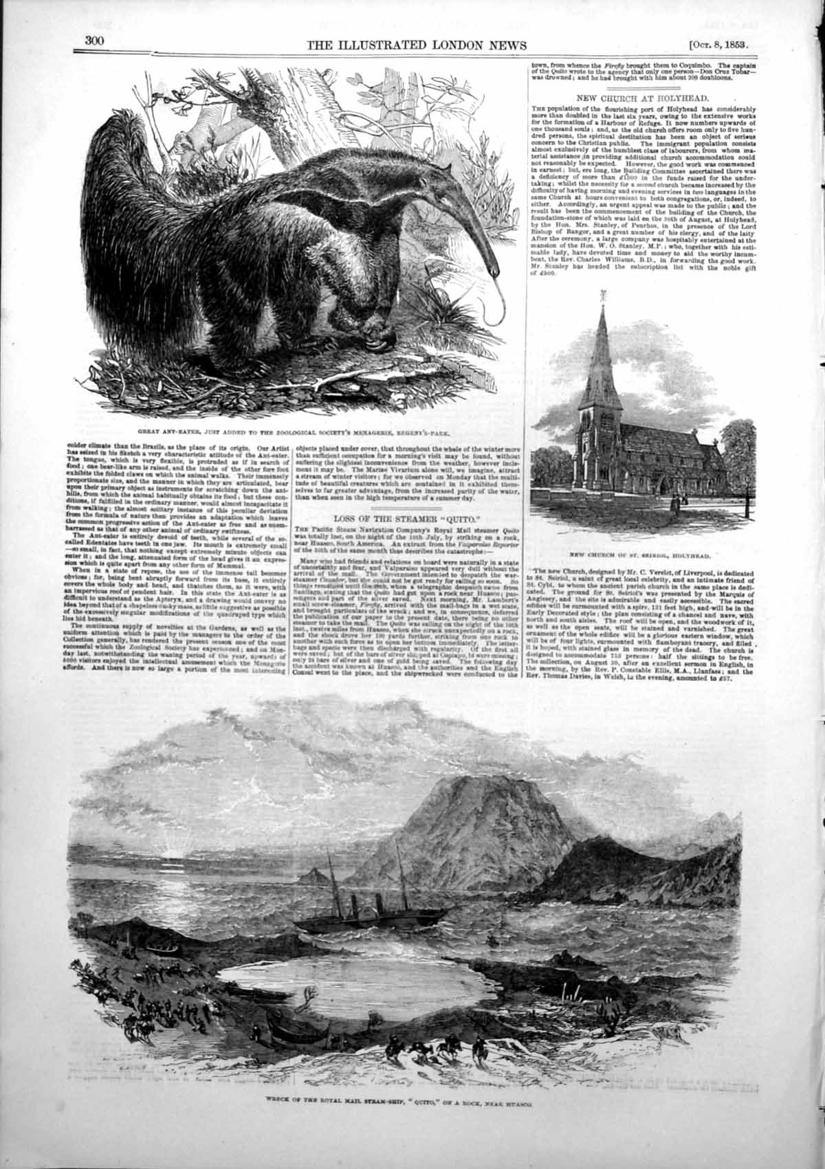 Antique Old Print Wreck Mail Steam-Ship Quito Huasco Church St Seiriol 1853