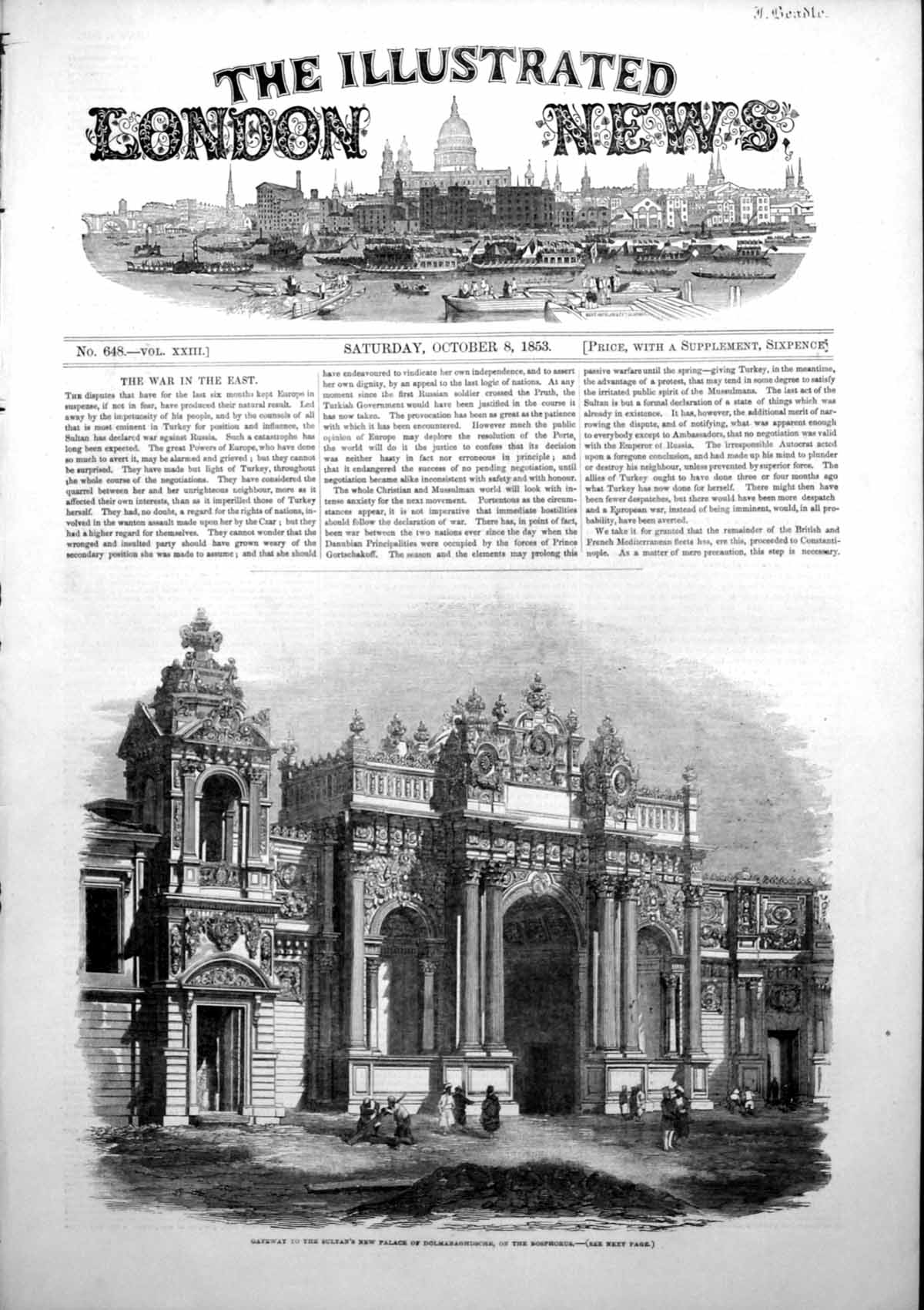 Antique Old Print Gateway Sultans New Palace Dolmabaghdsche Bosphorous 1853