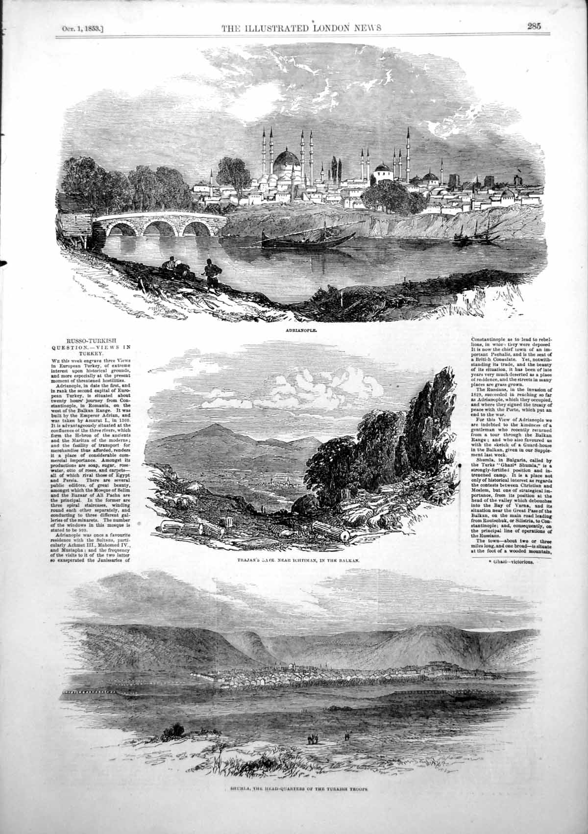 Antique Print Adrianople Trajans Gate Balkan Shumla H Q Turkish Troops 1853