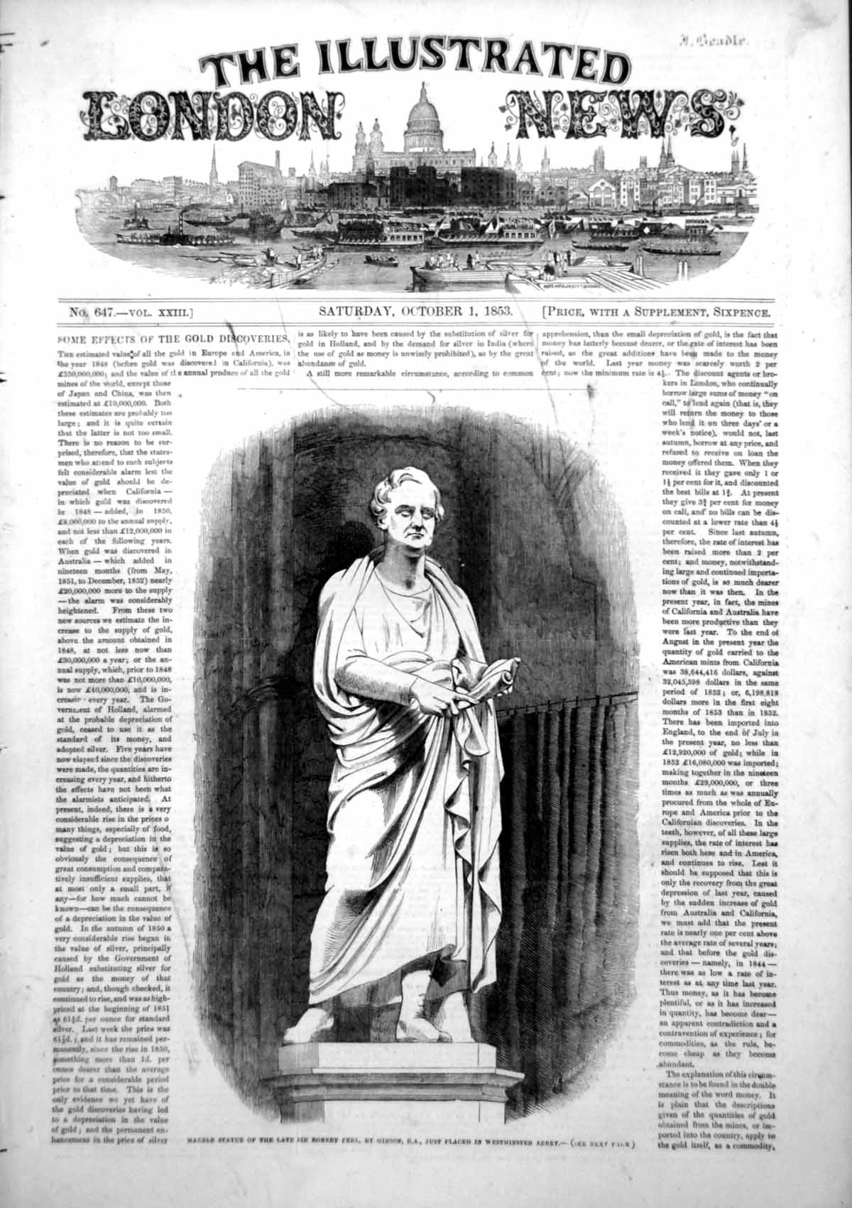 Old Print Marble Statue Sir Robert Peel Gibson Ra Westminster Abbey 1853 19th