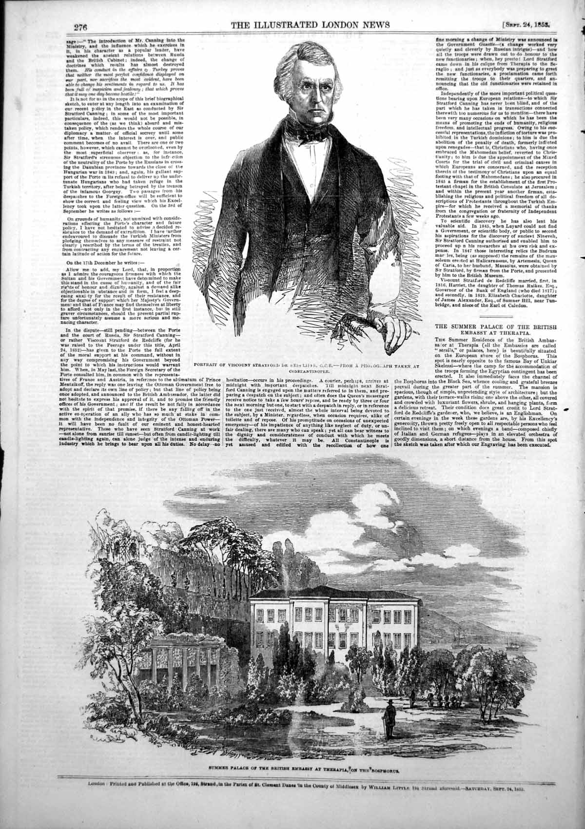 Antique Old Print Viscount Stratford De Redcliffe Summer Palace Therapia 1853