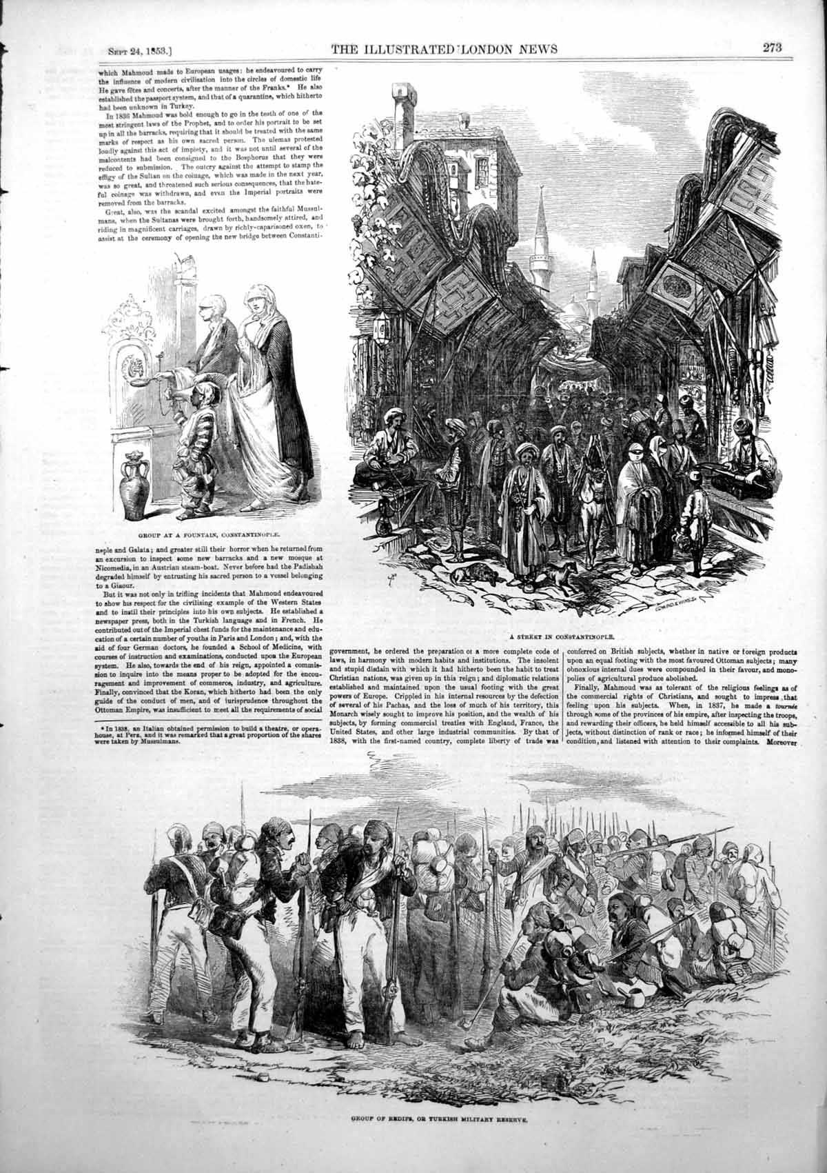 Antique Print Fountain Street Constantinople Turkish Military Reserve 1853 19th