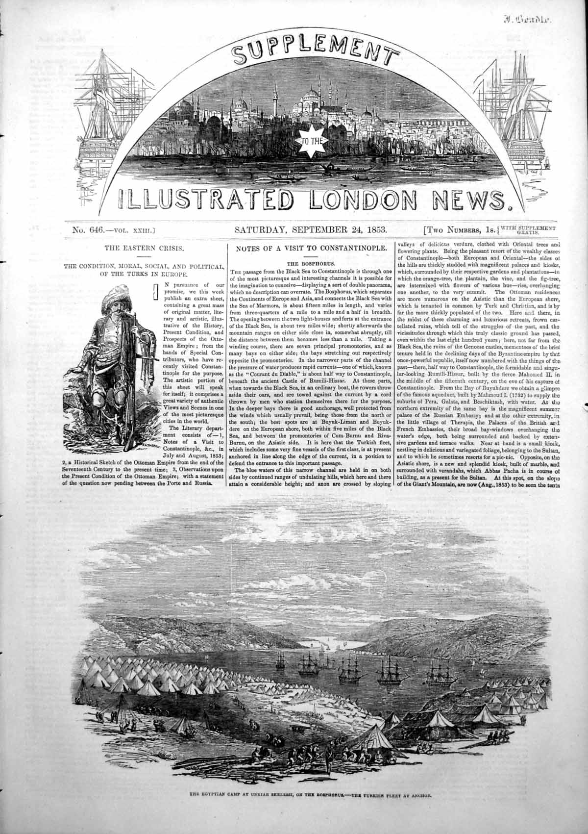 Antique Old Print Egyptian Camp Unkiar Skelessi Bosphorus Turkish Fleet 1853