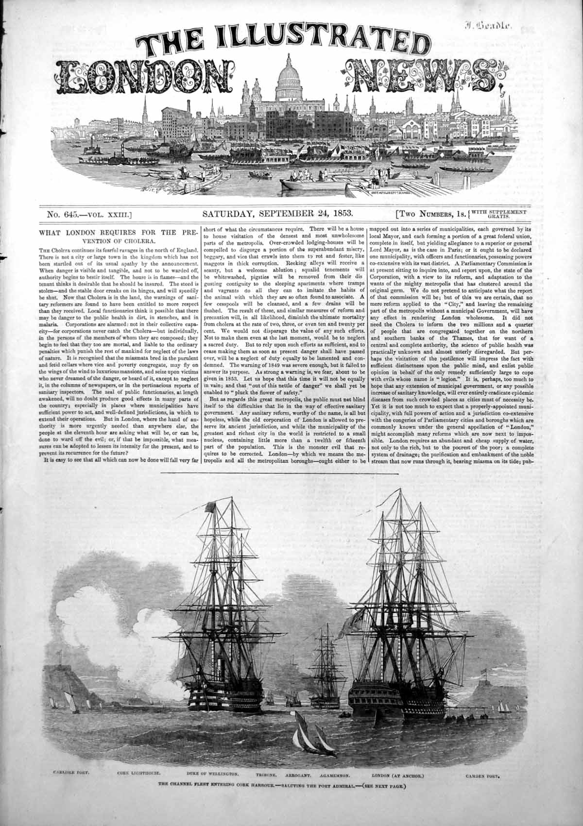 Antique Print Channel Fleet Cork Harbour Saluting Port Admiral Tribune 1853