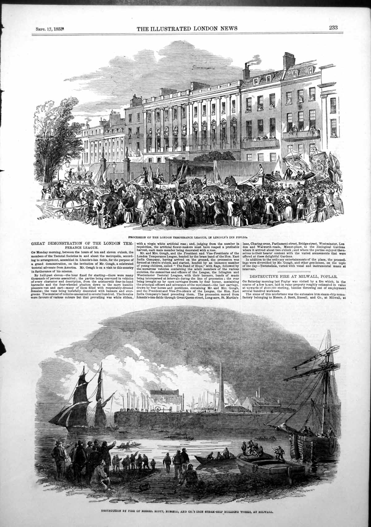 Antique Old Print London Temperance League Fire Steam Ship Works Milwall 1853